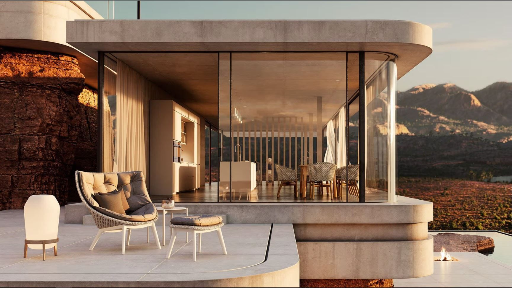 Een modern huis met veel ramen en meubels