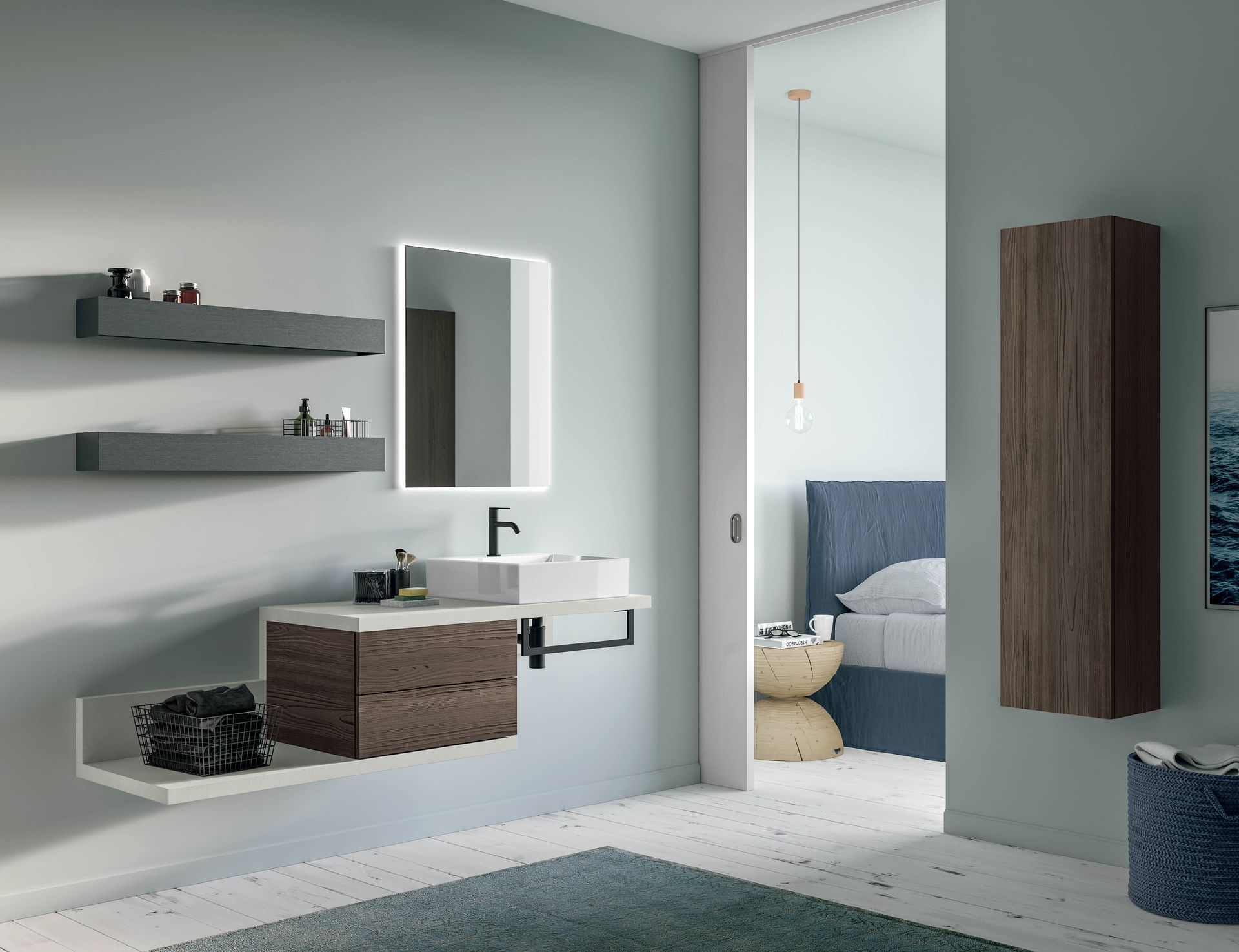 Een badkamer met een wastafel, spiegel en planken