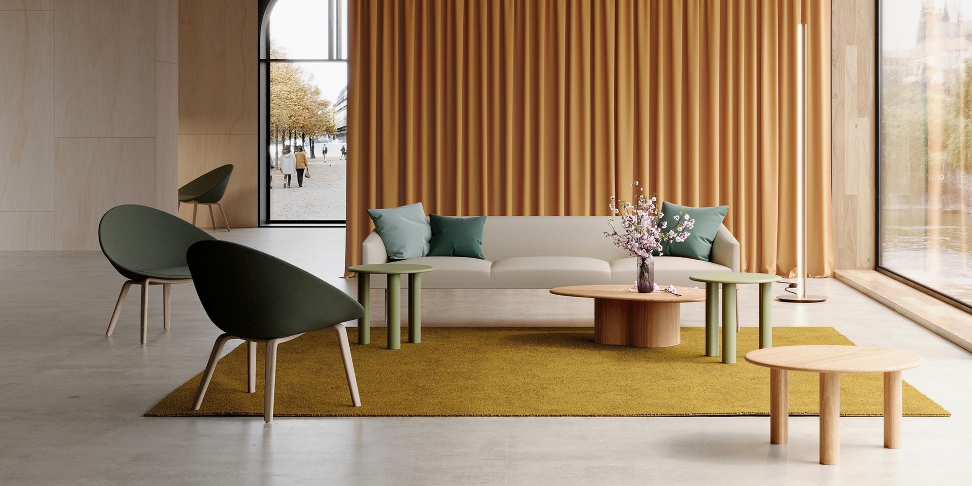 Een woonkamer met een bank, stoelen, tafels en een kleed.
