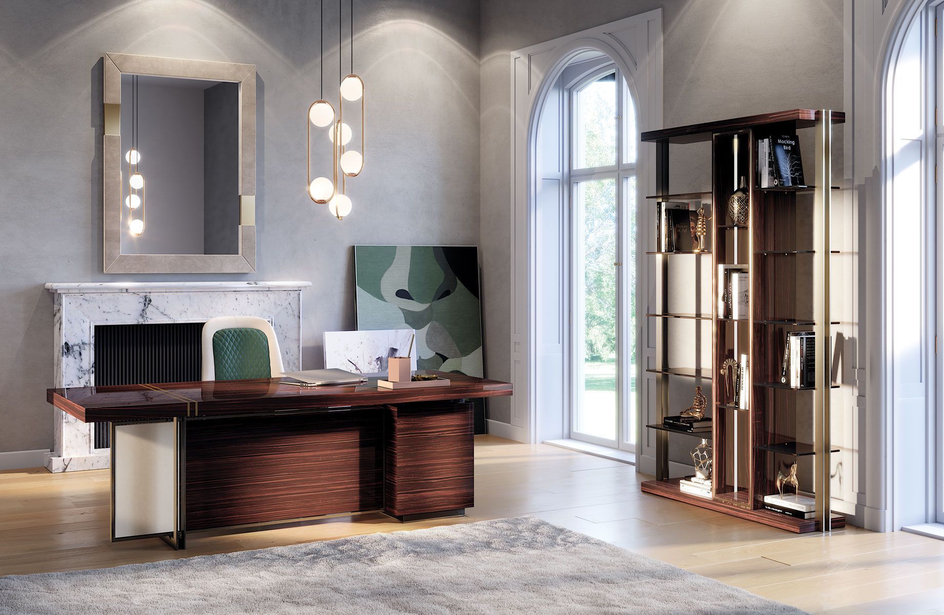 Er staat een groot bureau in het midden van de kamer.