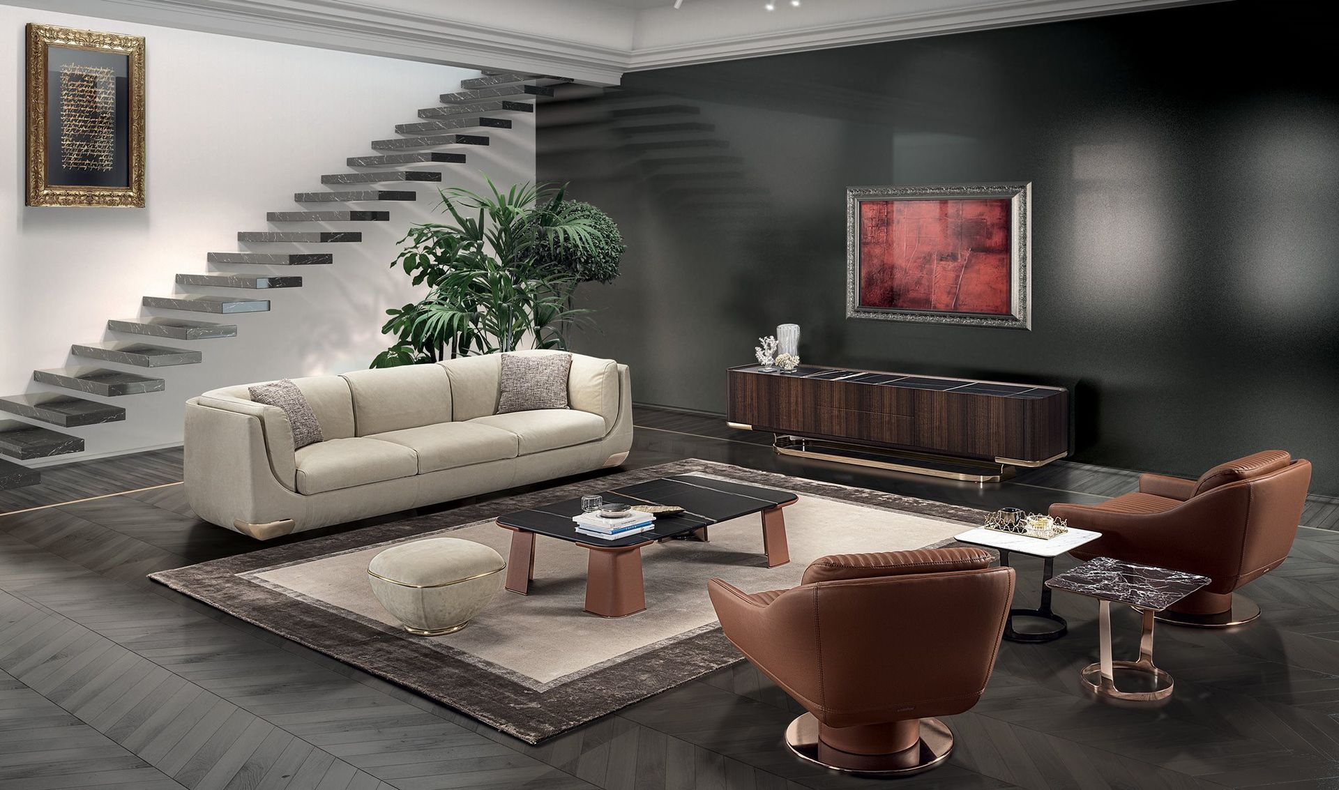 Een woonkamer met een bank en stoelen en een trap