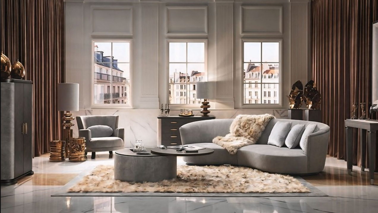 Een woonkamer met een bank, stoelen en een salontafel