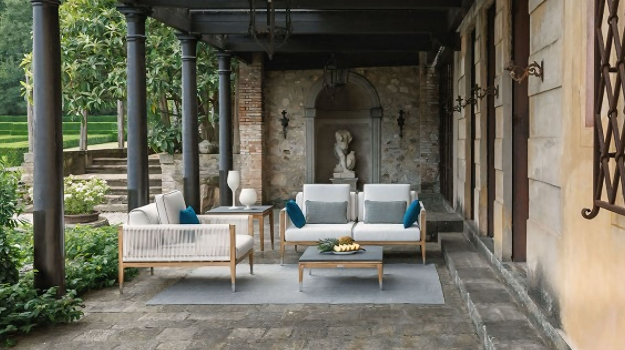 Een terras met een bank en twee stoelen erop