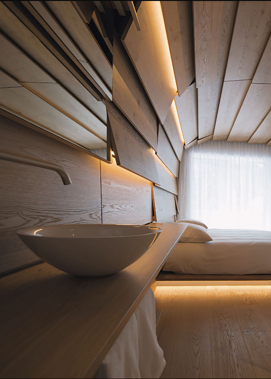 Een badkamer met een wastafel en een bed op de achtergrond