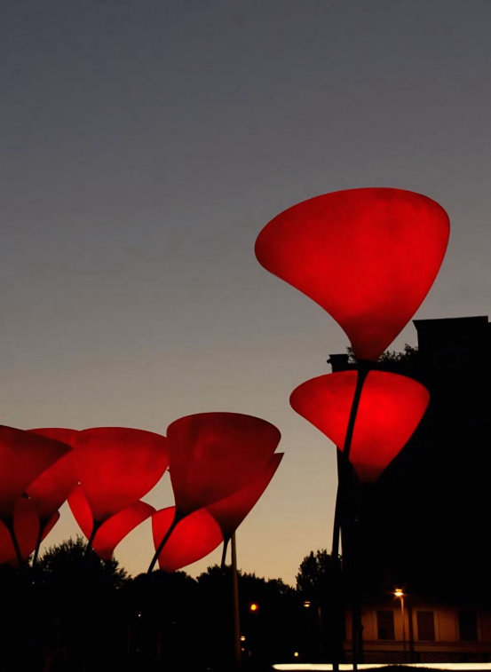 Een bos rode bloemen wordt 's nachts verlicht