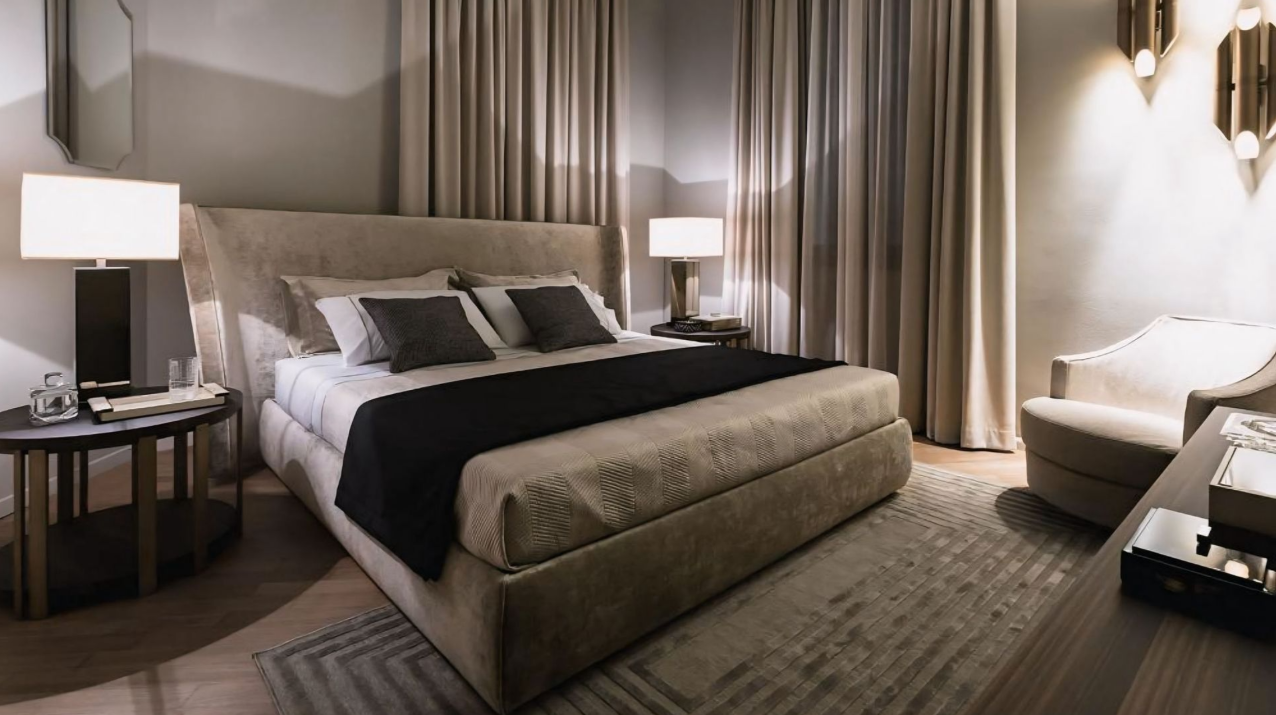 Een slaapkamer met een groot bed en een stoel