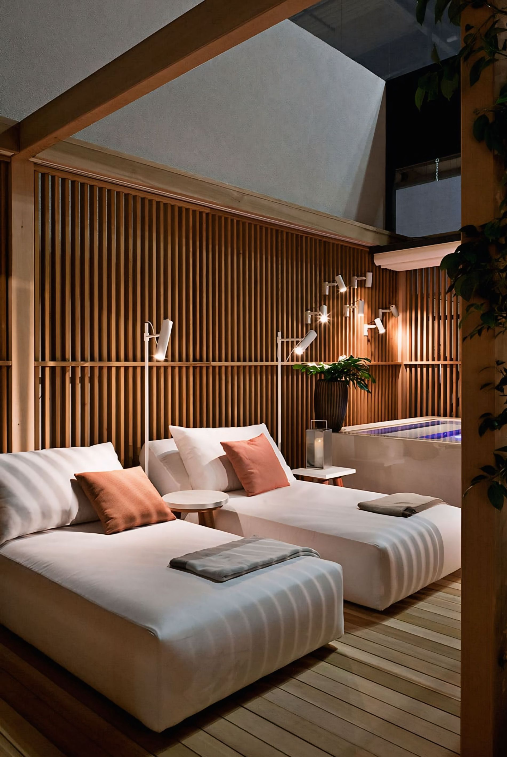 Een kamer met twee bedden en een hot tub erin