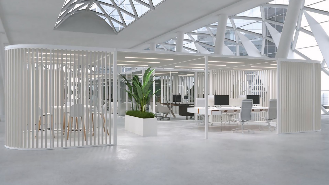 Een 3D-weergave van een modern kantoor met veel ramen, tafels en stoelen.