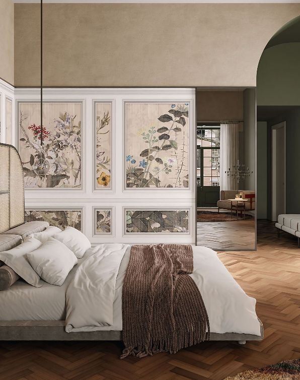 Een slaapkamer met een bed en een schilderij aan de muur.