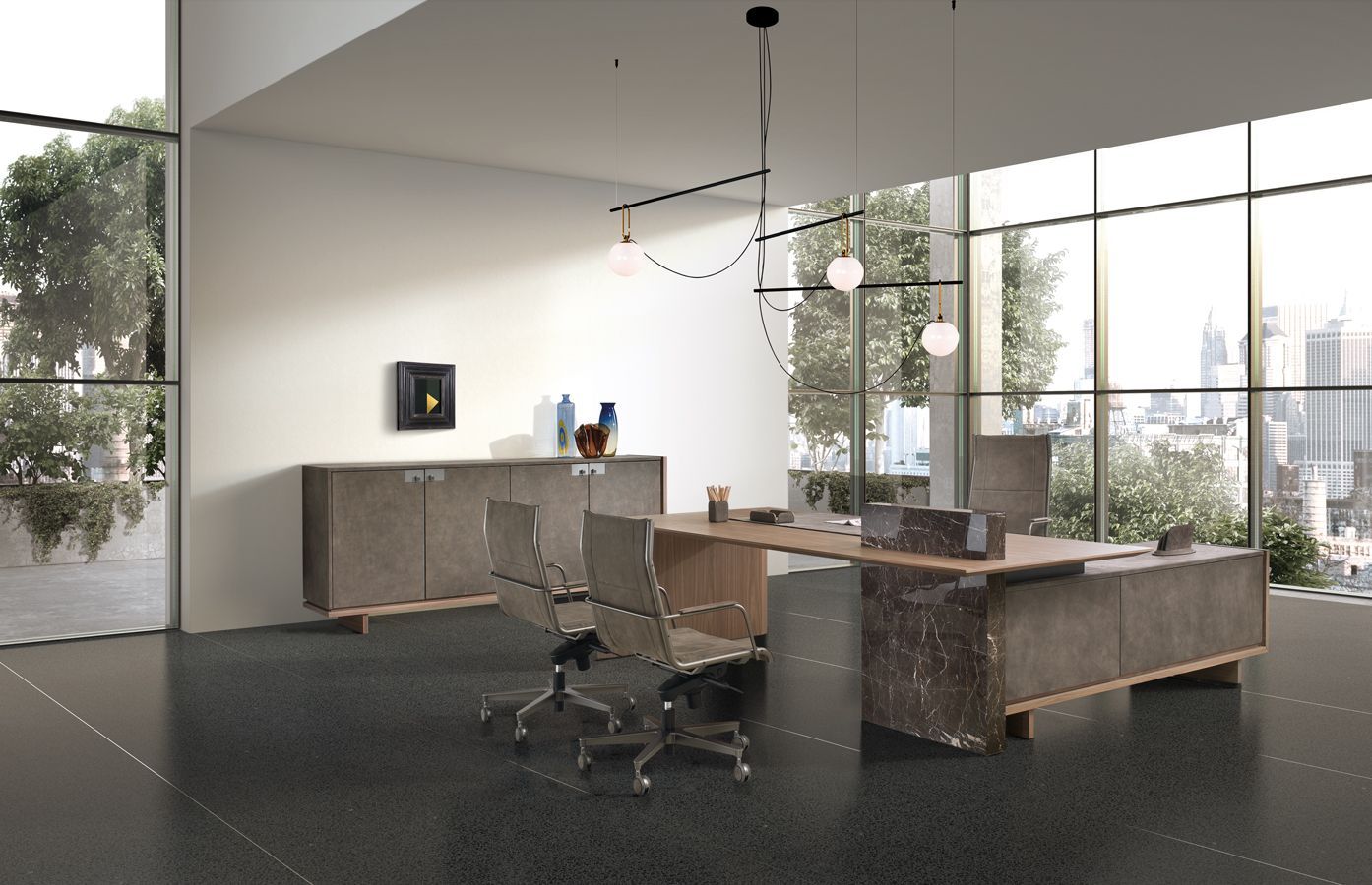 Een modern kantoor met een groot bureau en stoelen