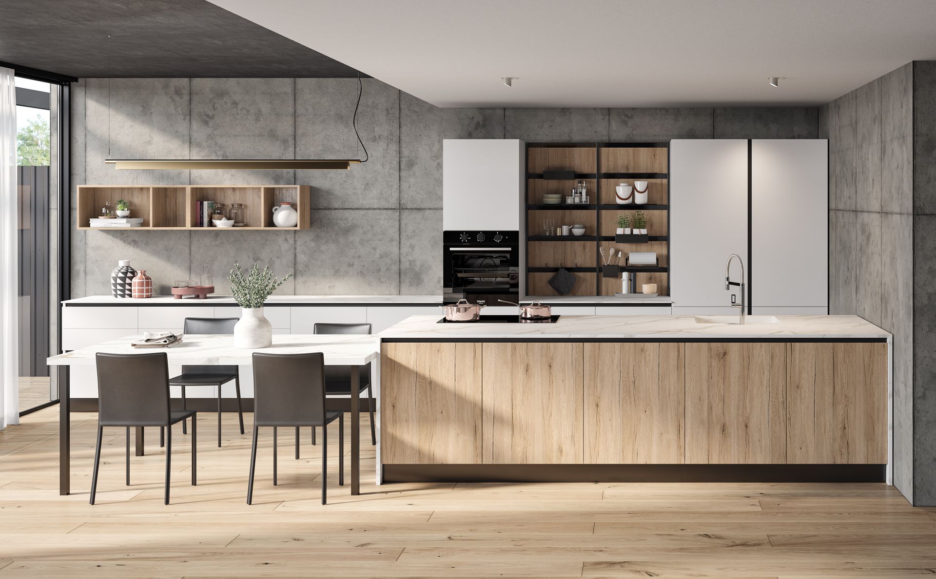 Een keuken met houten kasten, een tafel en stoelen.