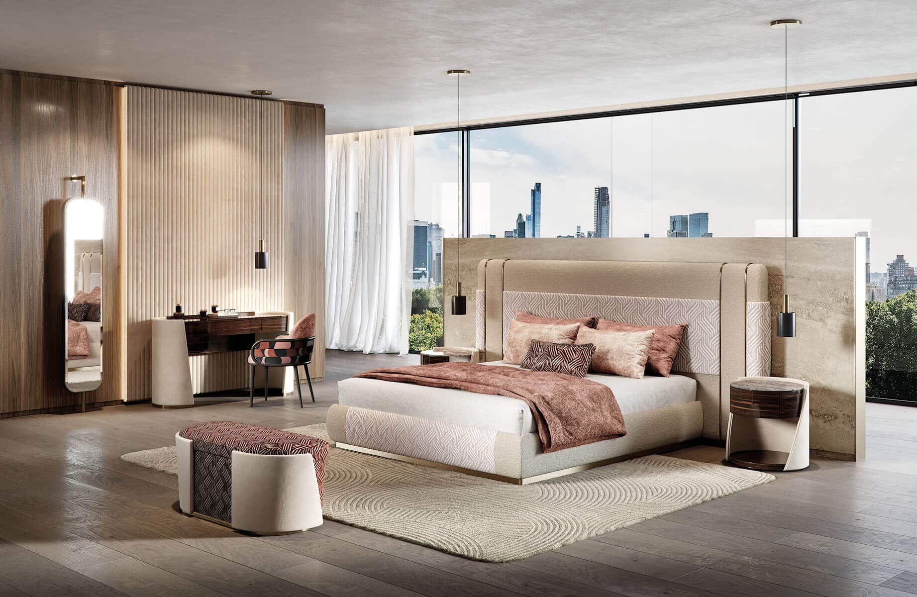 Er staat een groot bed in het midden van de kamer.