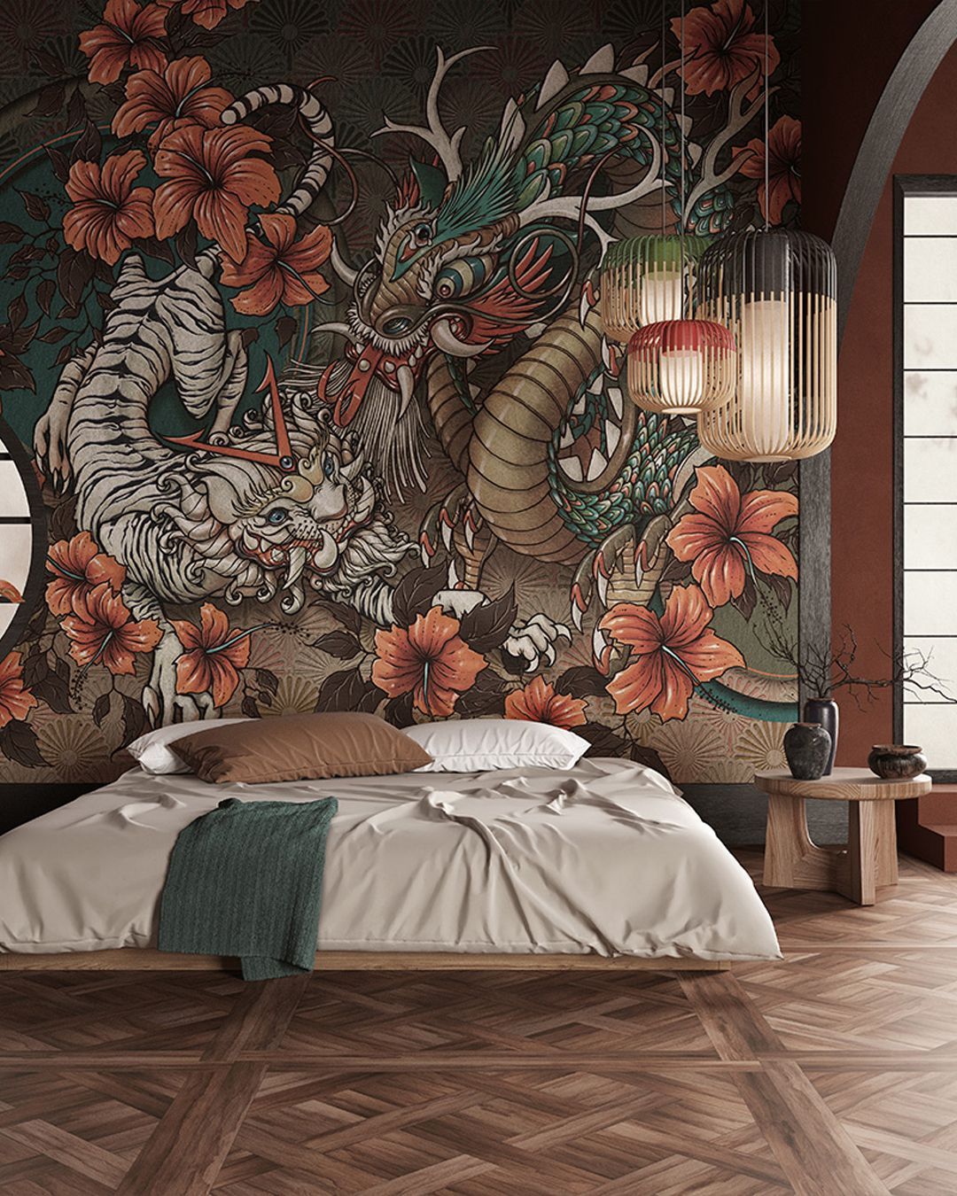 Een slaapkamer met een bed en een muurschildering aan de muur.