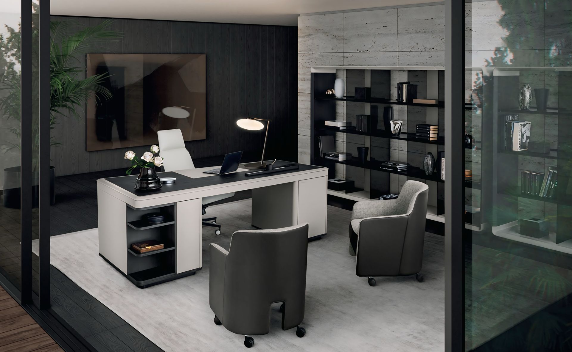 Een modern kantoor met een bureau en twee stoelen