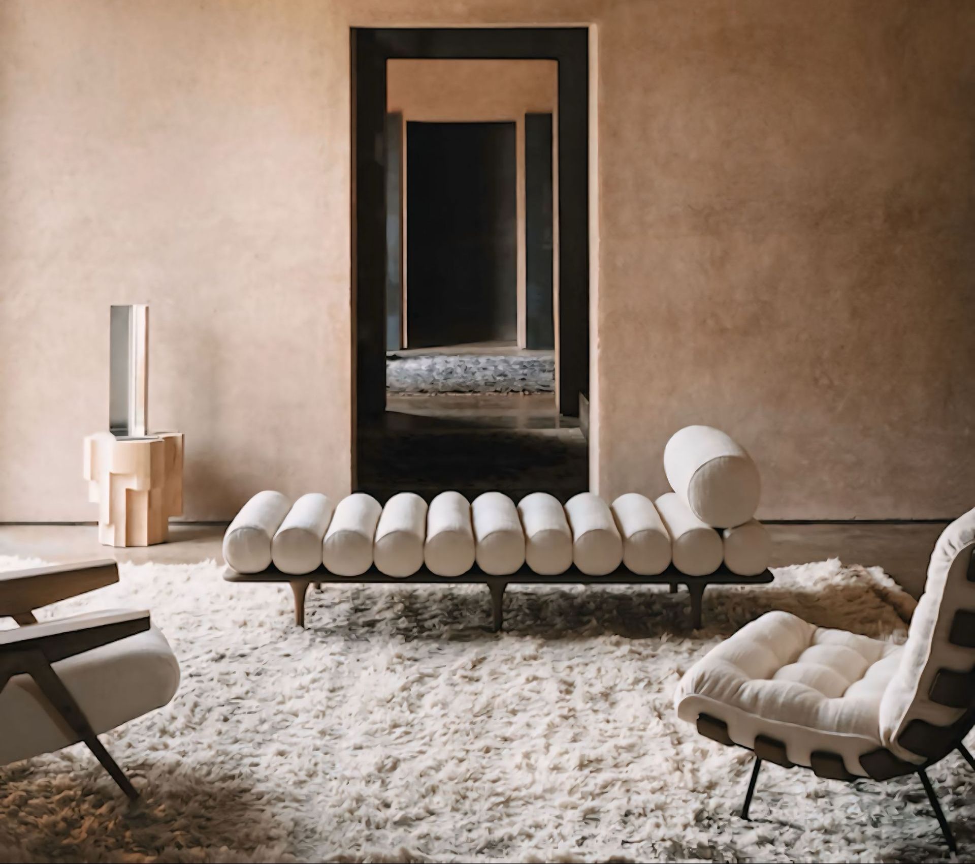 Een woonkamer met een bank, stoelen en een kleed