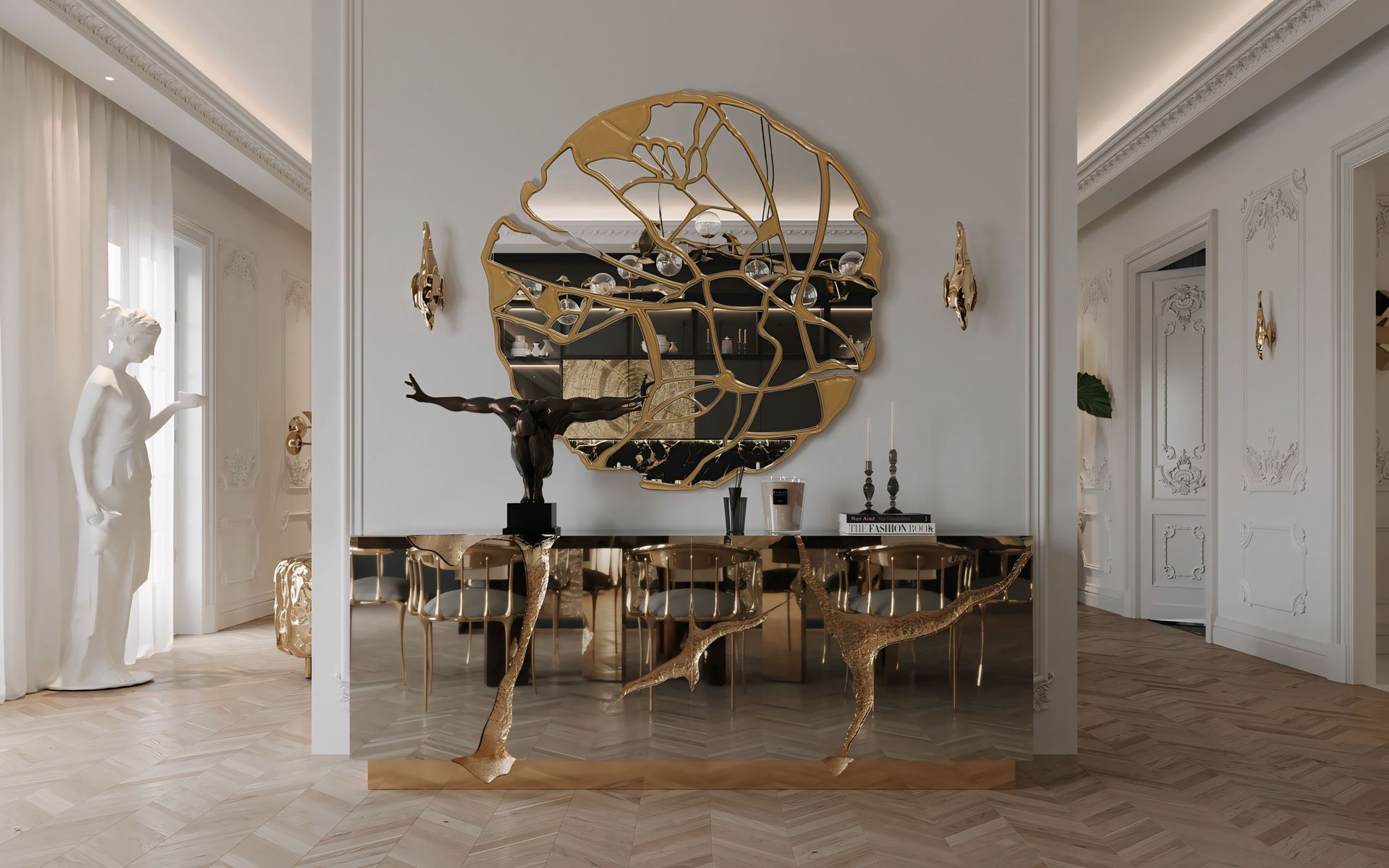 Een eetkamer met een tafel, stoelen en een grote spiegel aan de muur.