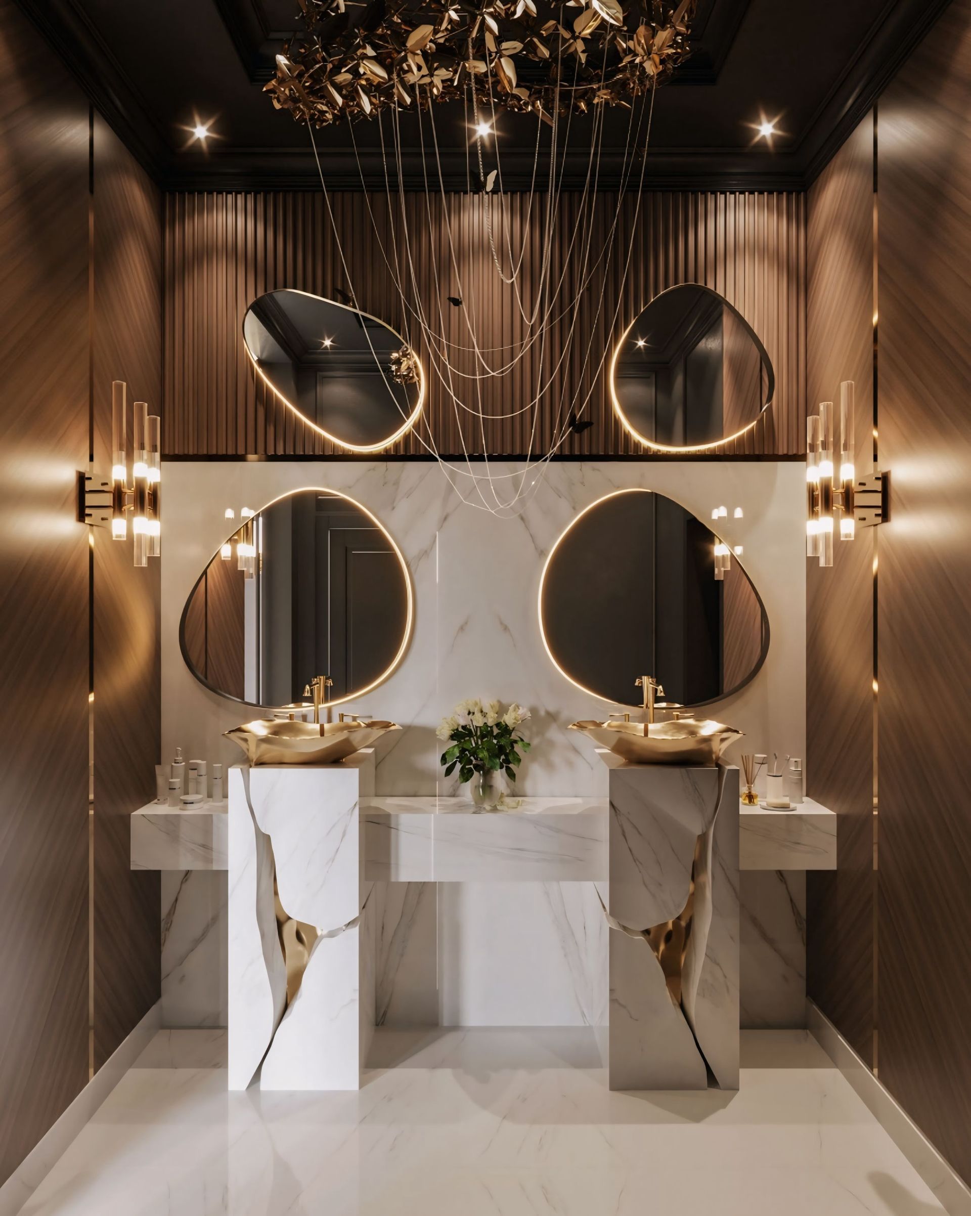 Een badkamer met twee wastafels, twee spiegels en een kroonluchter.