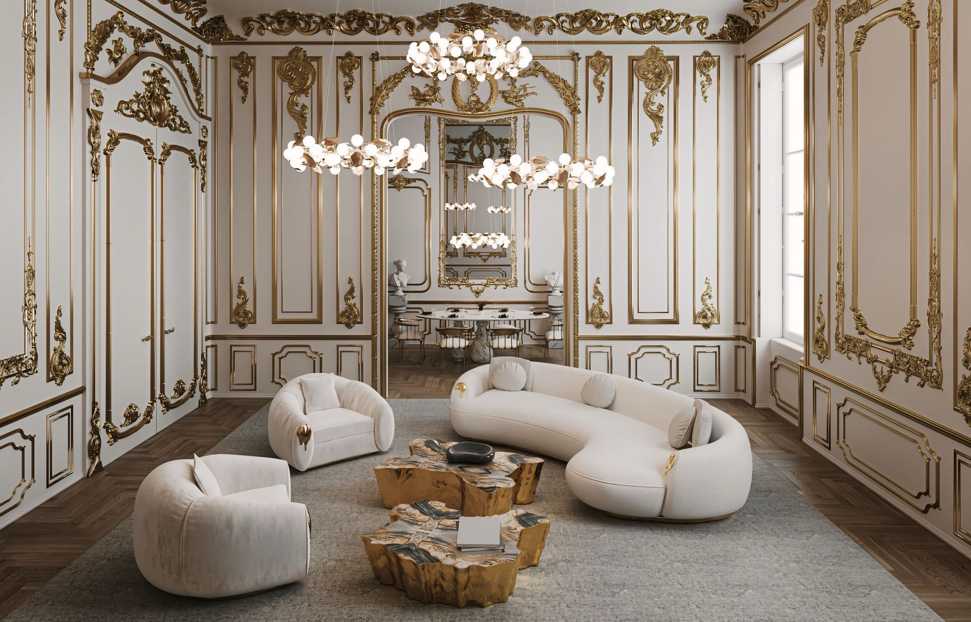 Een woonkamer met een bank, stoelen en salontafels.