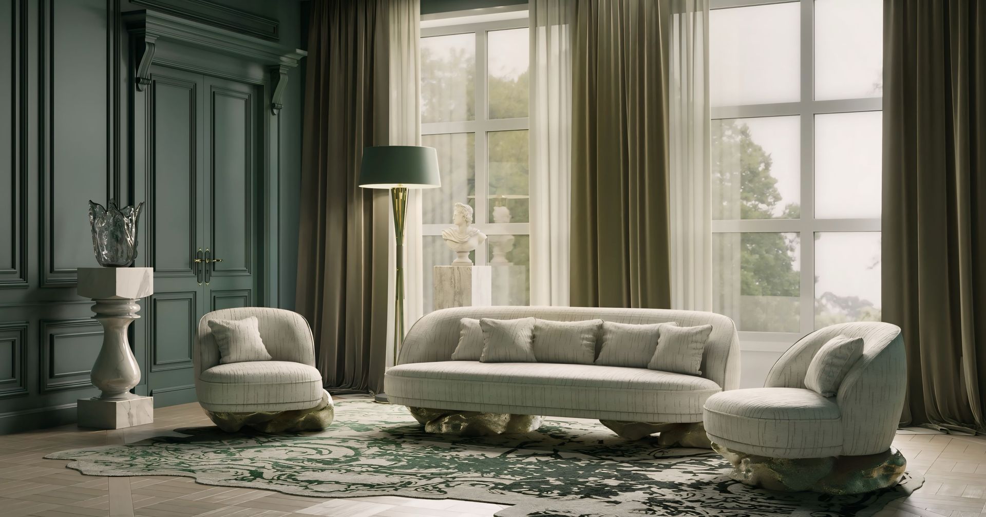 Een woonkamer met een bank, een stoel en een lamp.