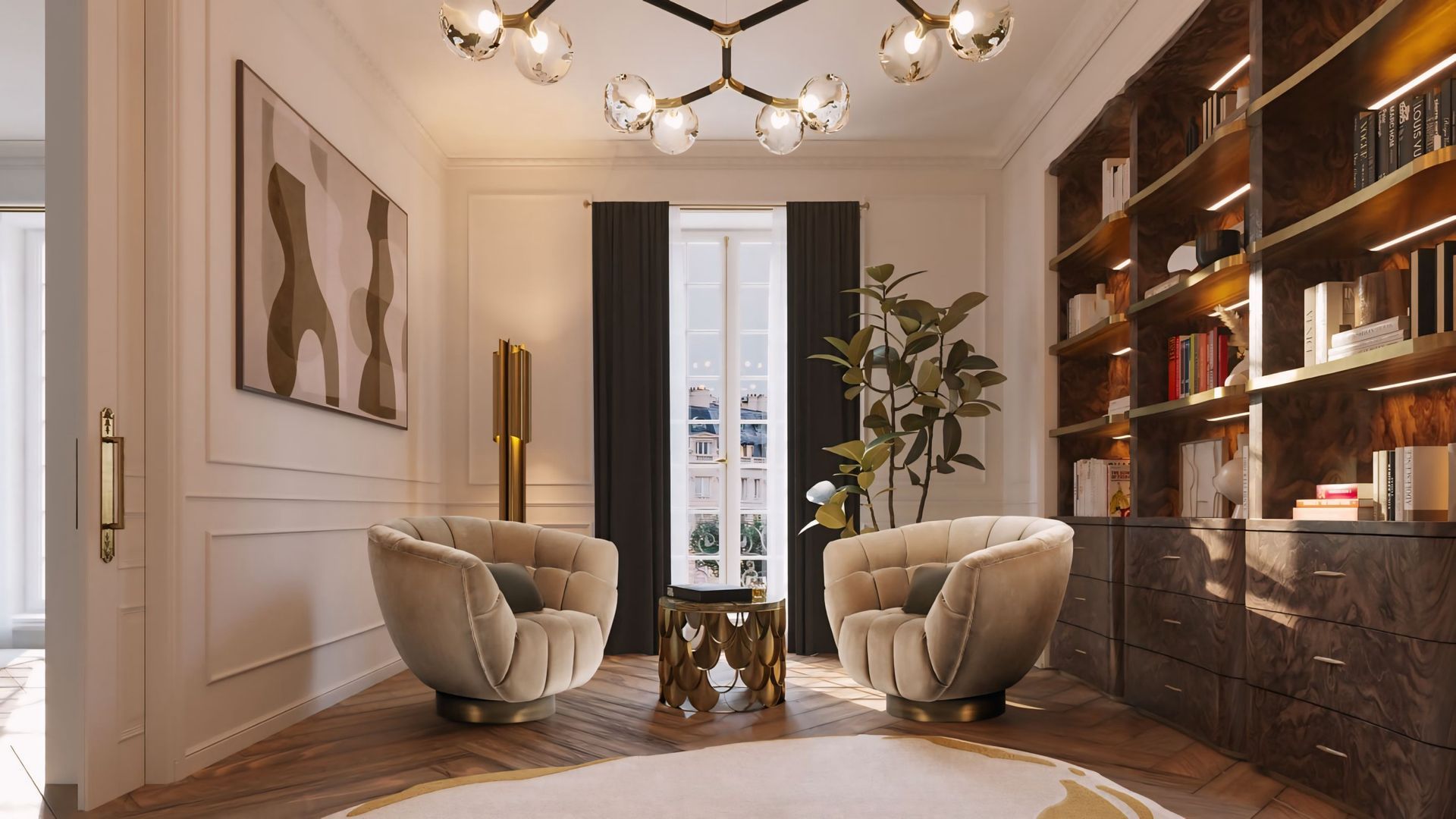 Een woonkamer met twee stoelen en een boekenplank.