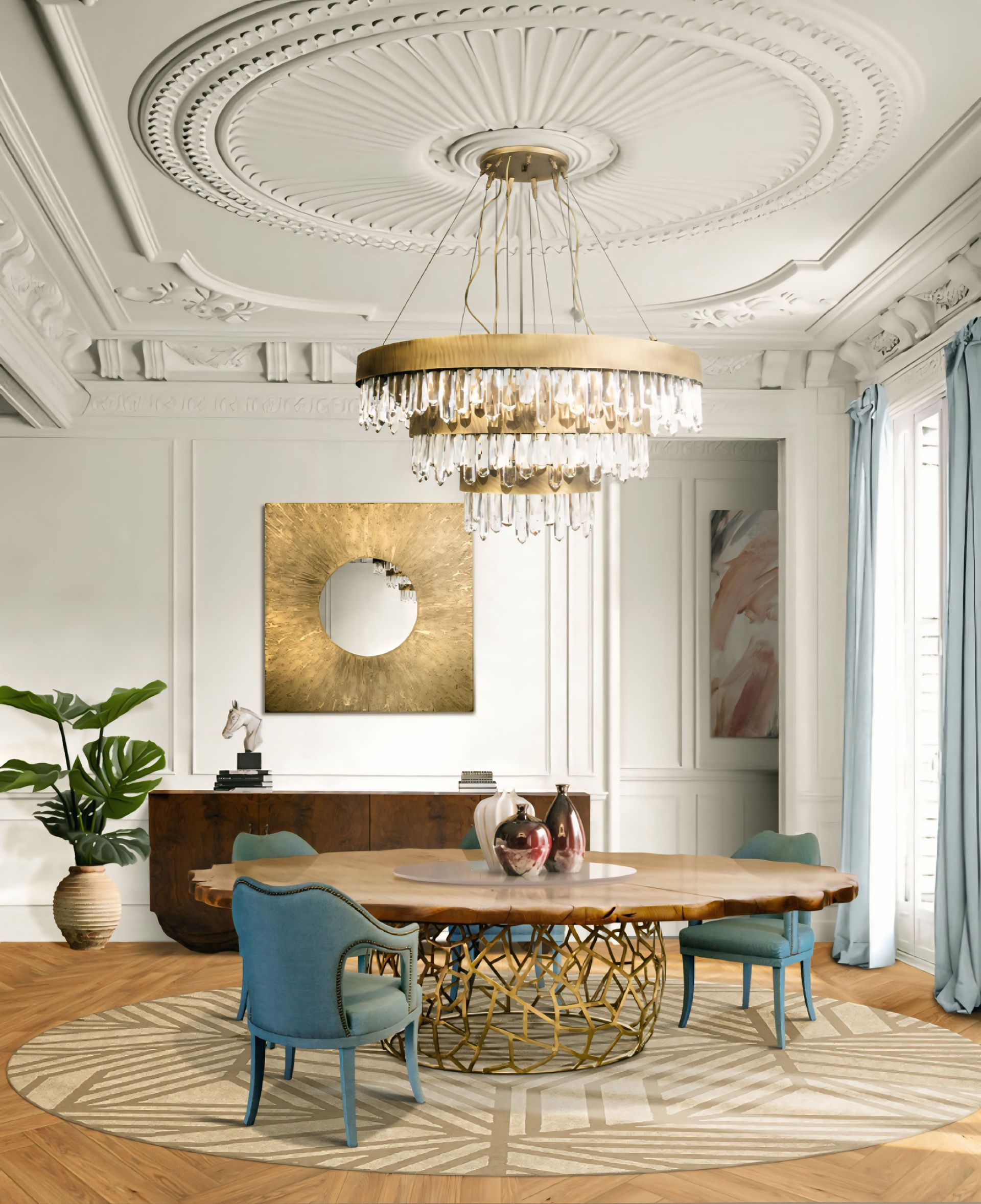 Een eetkamer met een tafel, stoelen en een kroonluchter aan het plafond.
