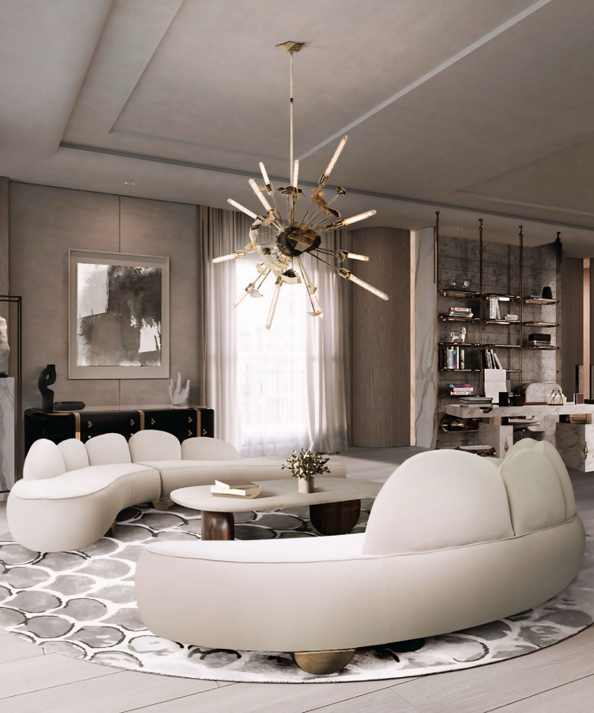 Een woonkamer met witte meubels en een kroonluchter die aan het plafond hangt