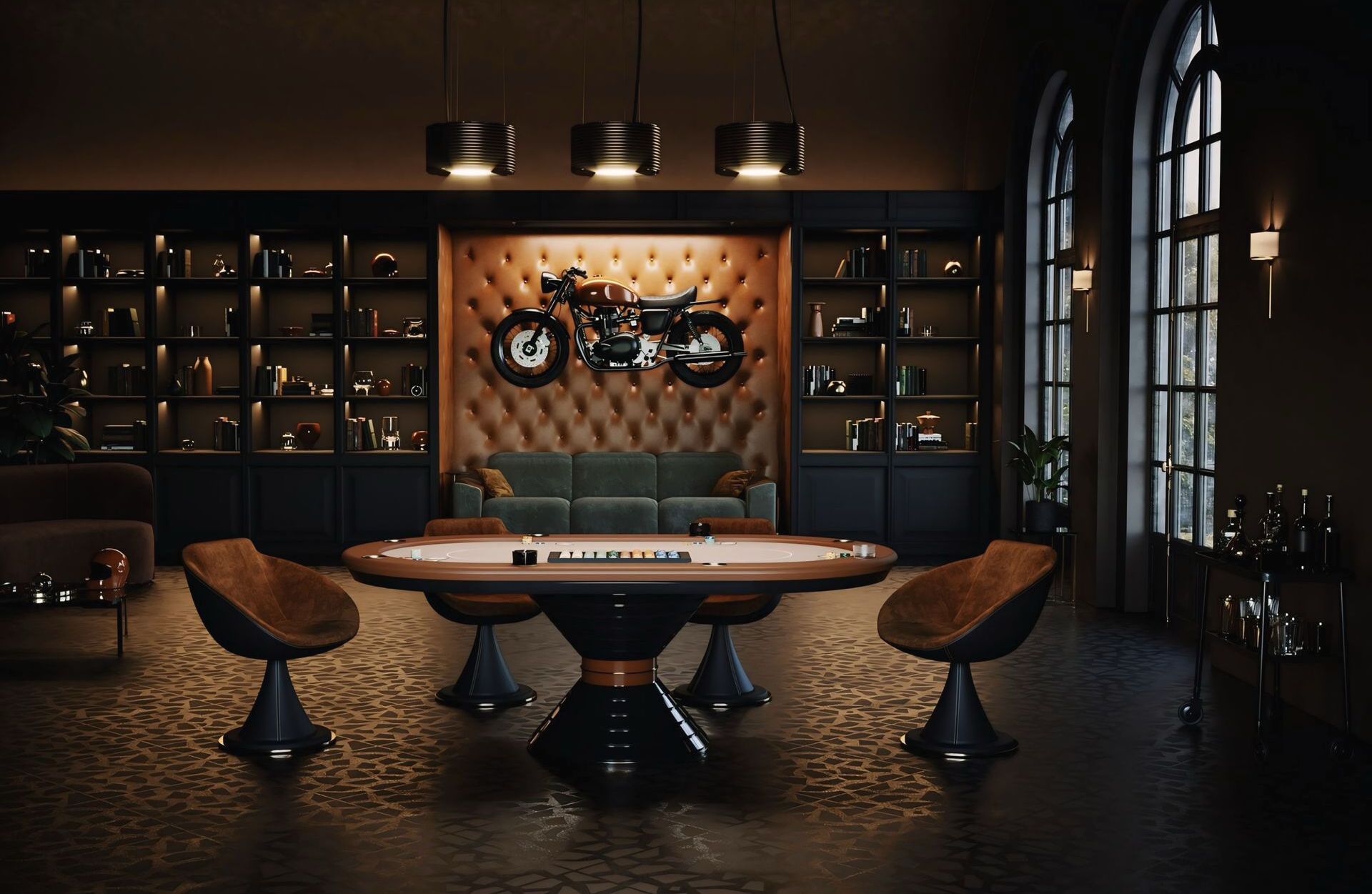 Een kamer met een pooltafel, stoelen en een motorfiets aan de muur.