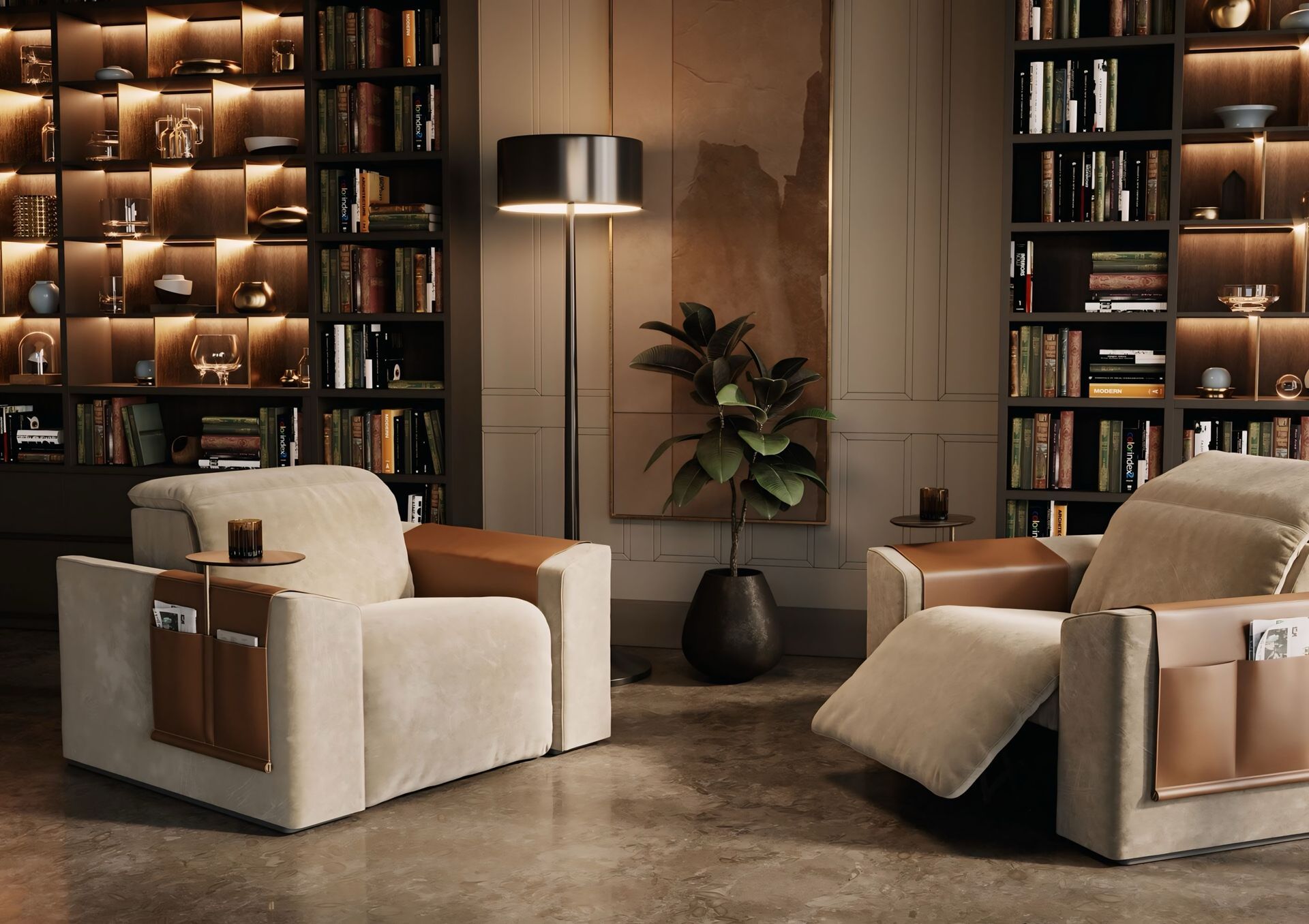 Een woonkamer met twee ligstoelen en een lamp.