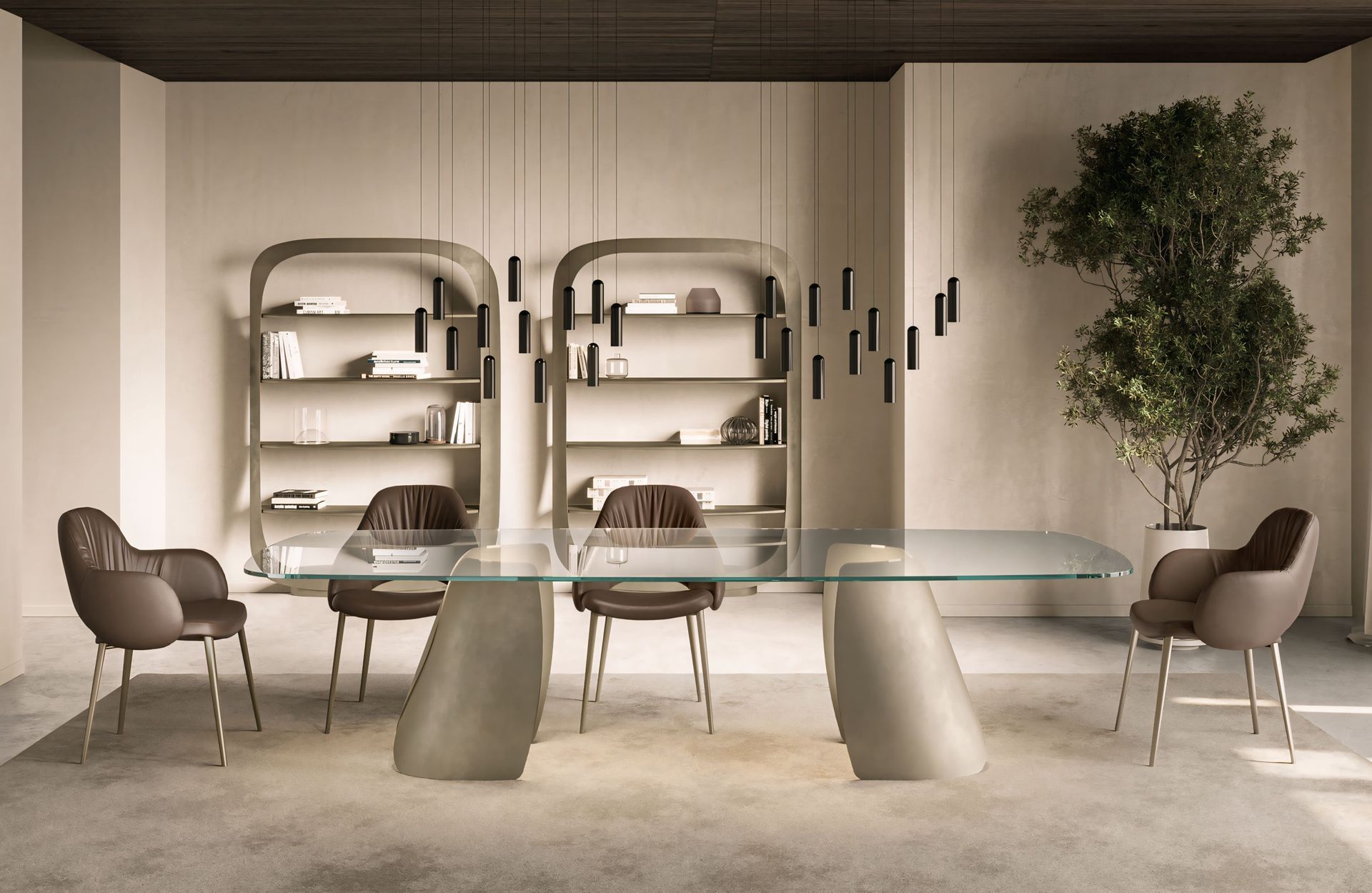 Een eetkamer met een glazen tafel, stoelen en planken.