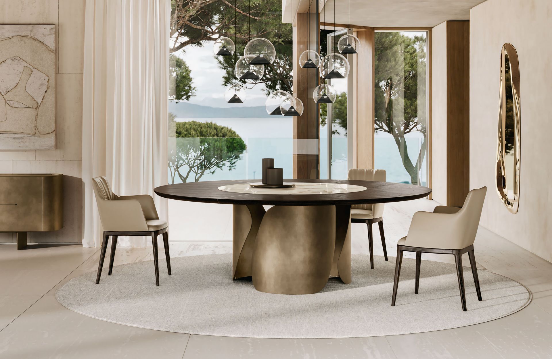 Een eetkamer met een ronde tafel en stoelen en een groot raam.