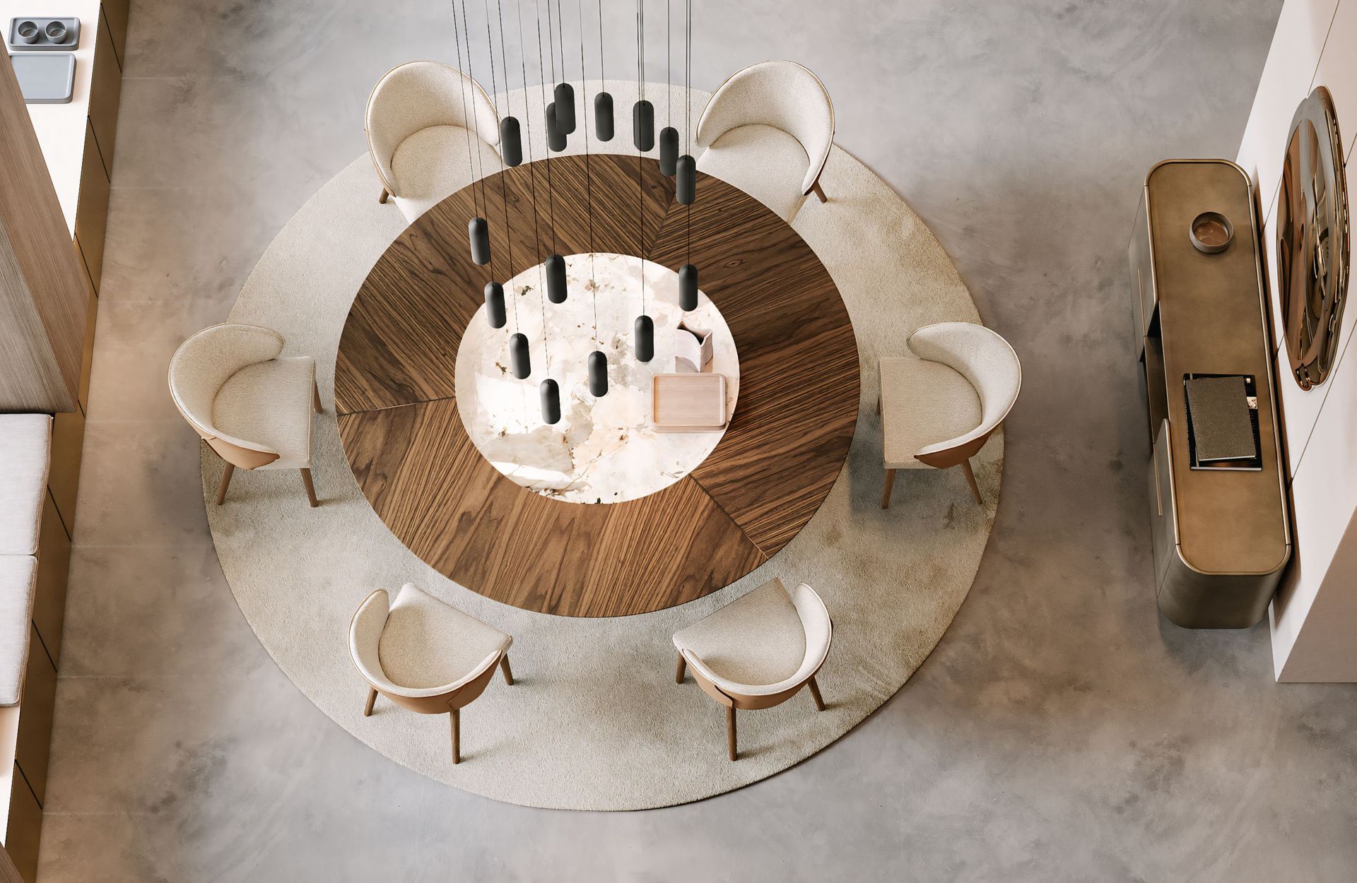 Een luchtfoto van een eetkamer met een ronde tafel en stoelen.