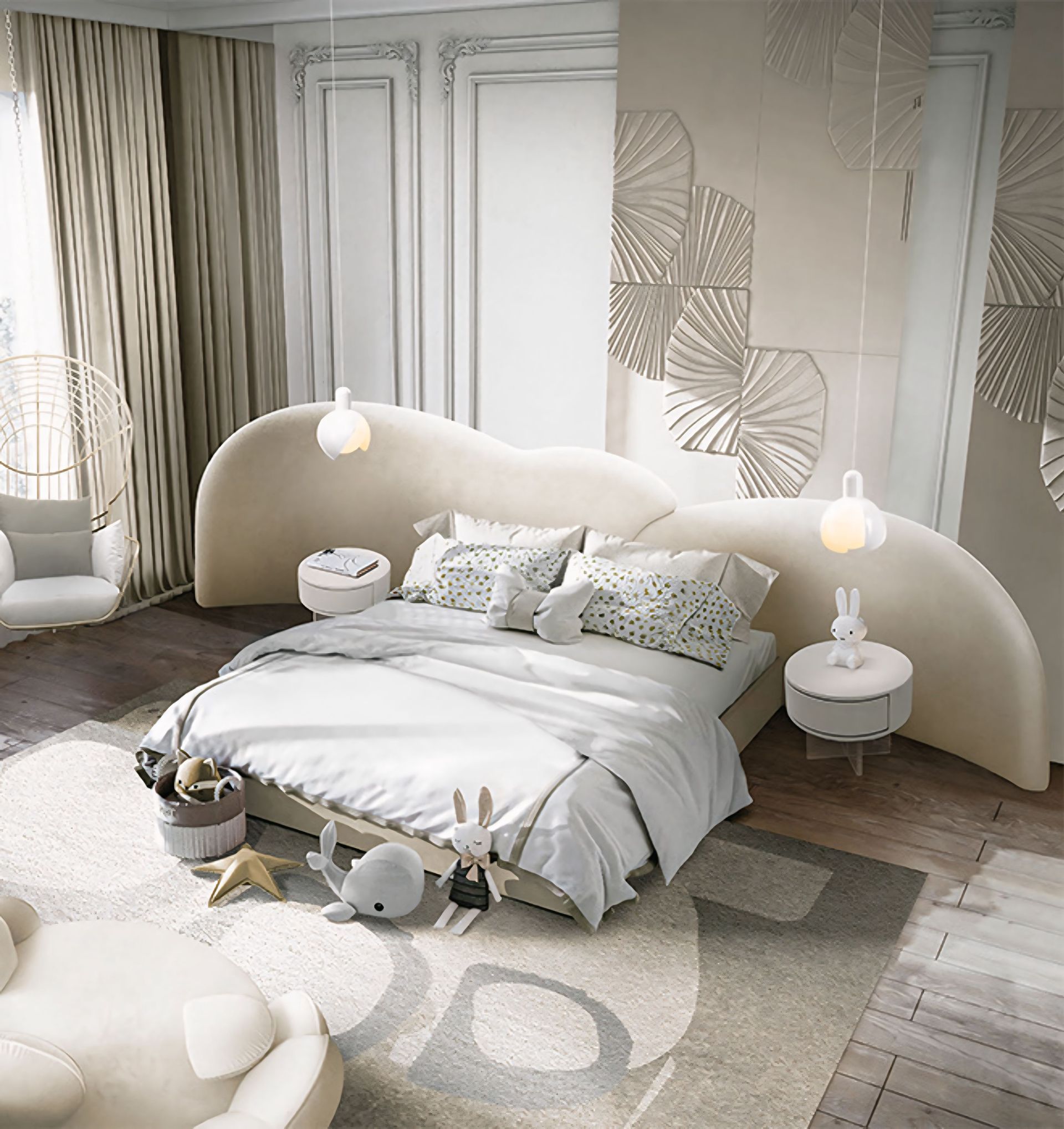 Een slaapkamer met een groot bed en een bank