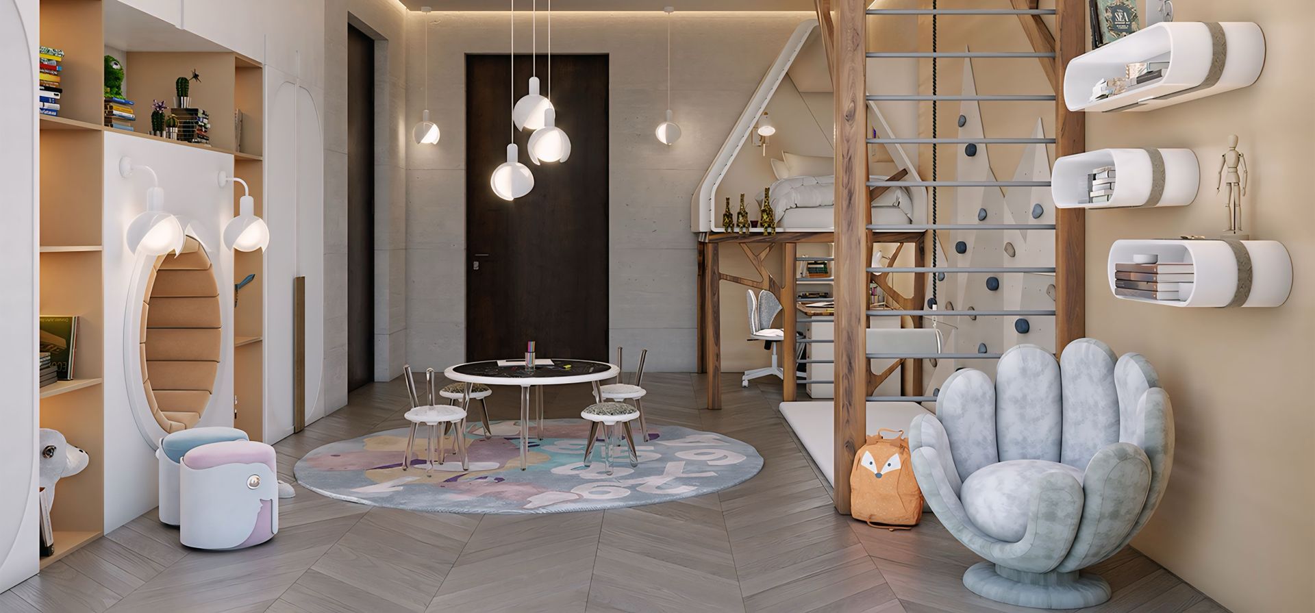 Een kamer met een tafel, stoelen, planken en een handgevormde stoel.
