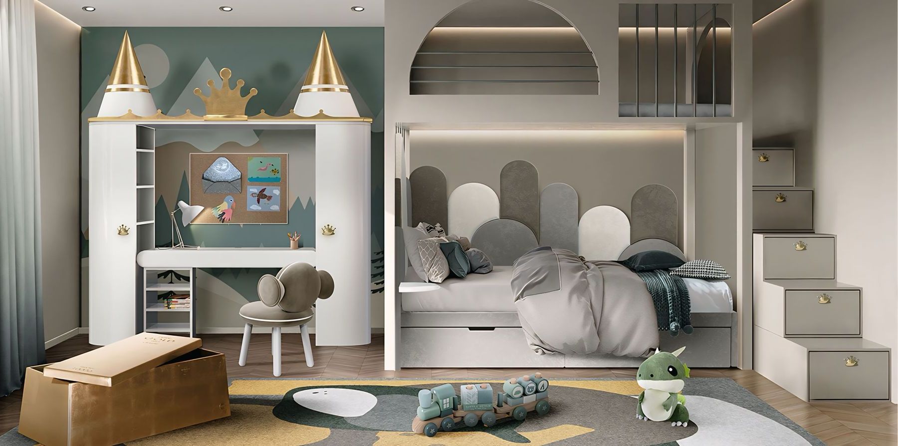 Een kinderkamer met een stapelbed en een bureau.