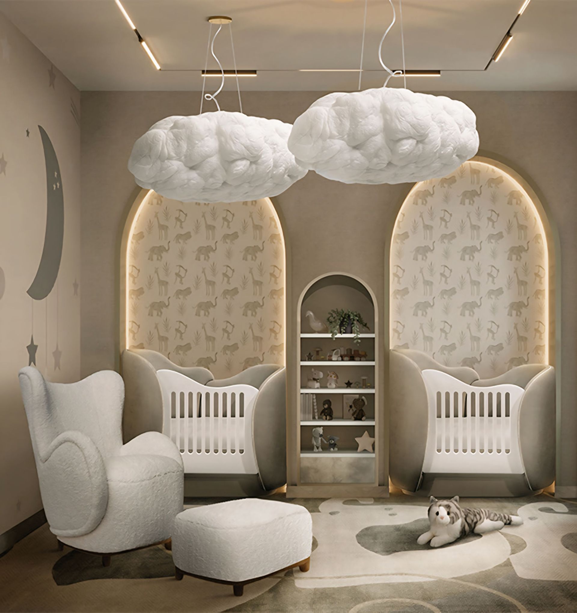 Een babykamer met twee kinderbedjes en twee stoelen