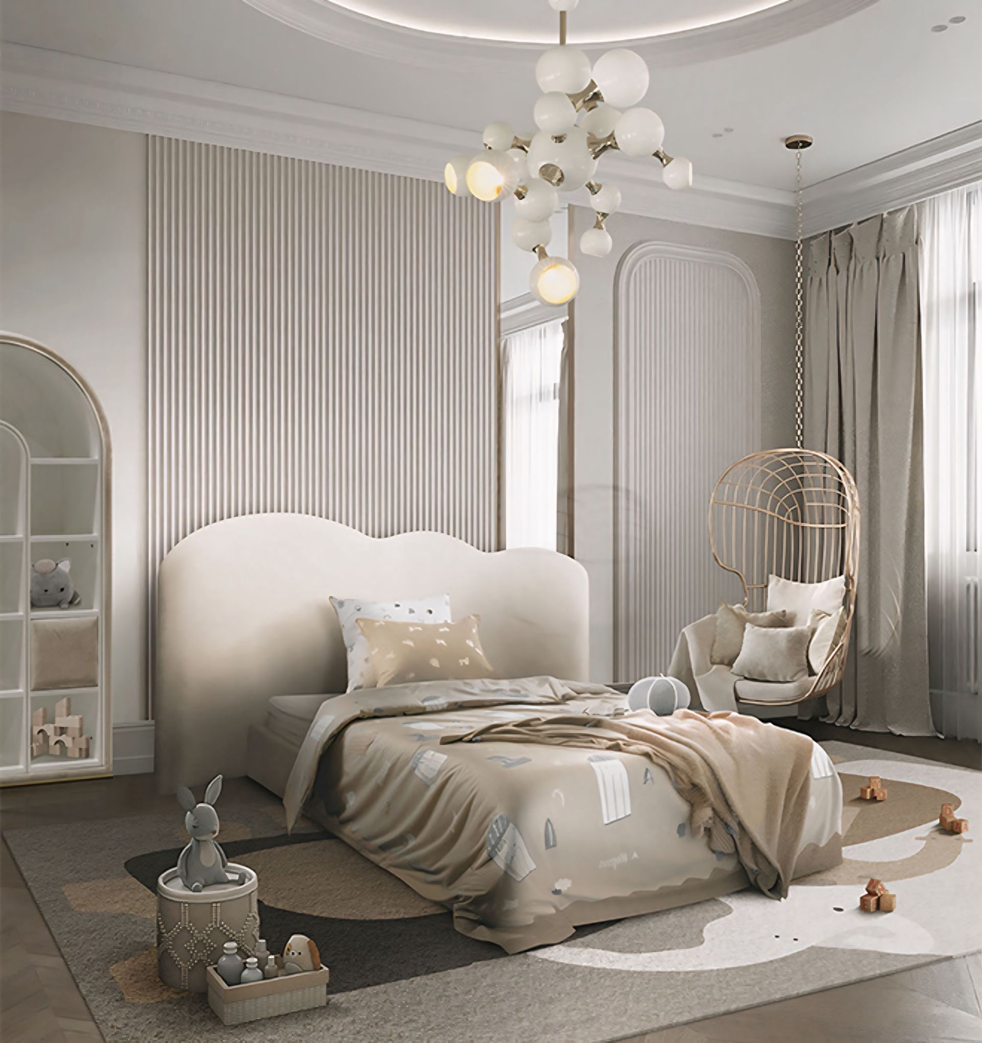 Een slaapkamer met een bed, een stoel en een spiegel.