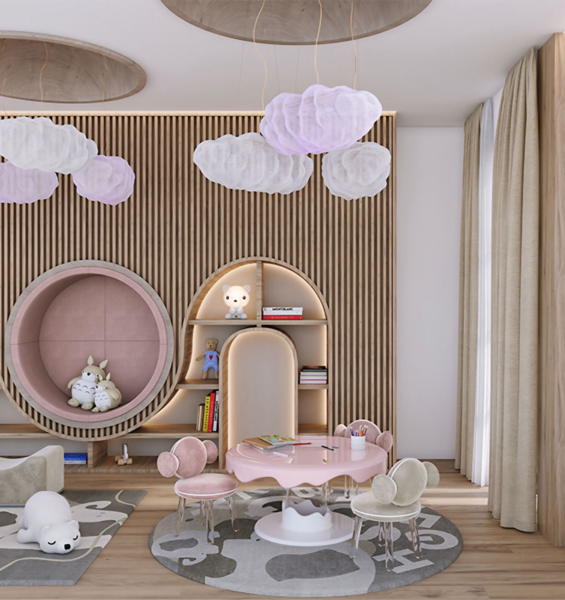 Een kinderkamer met een roze tafel en stoelen