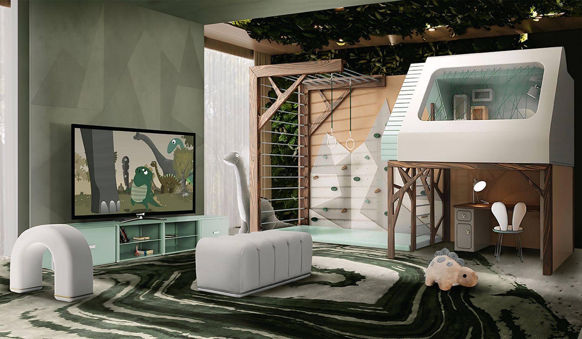 Een kinderkamer met een boomhut en een televisie.