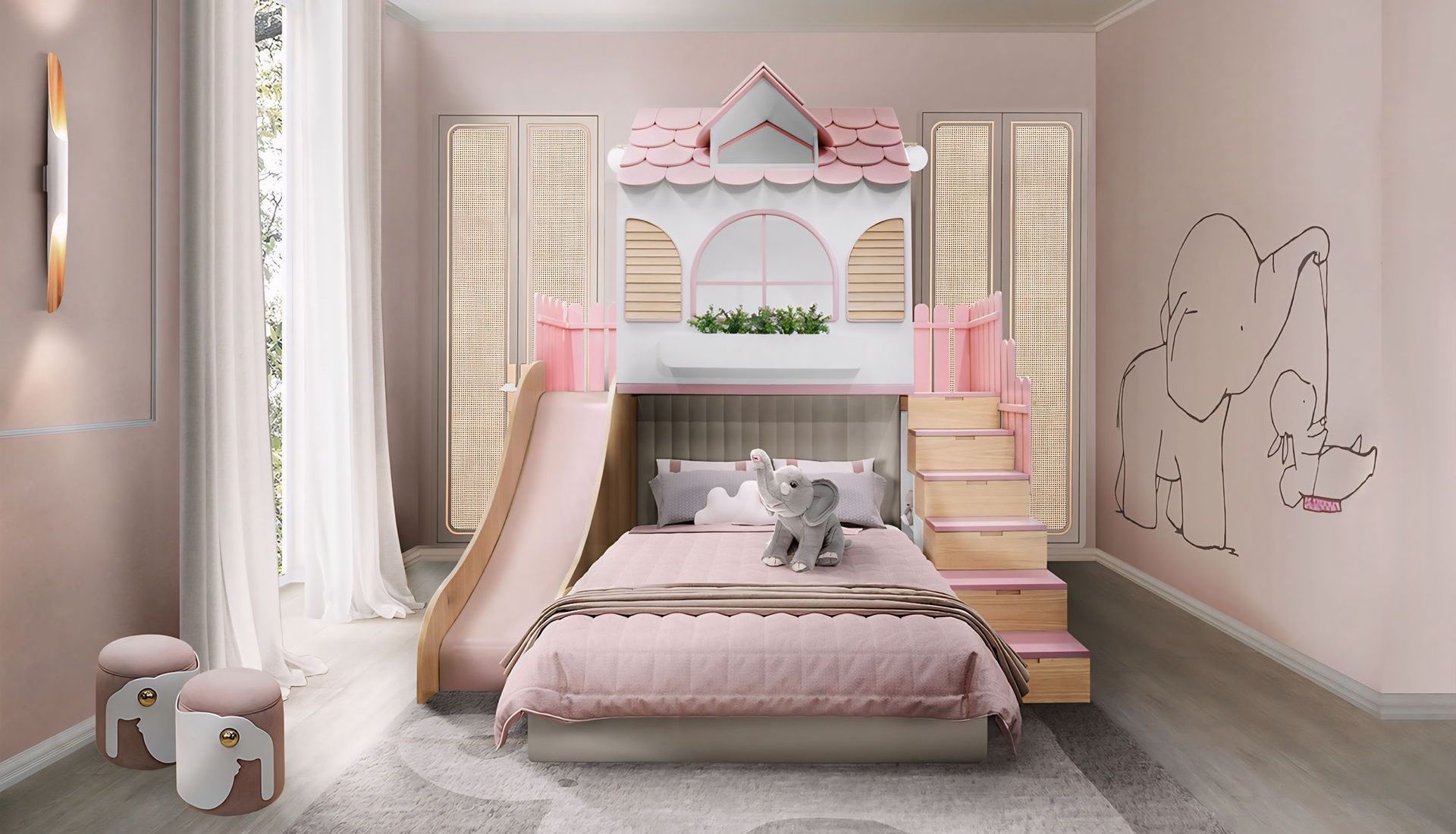 Een meisjeskamer met een bed dat op een kasteel lijkt en een glijbaan.