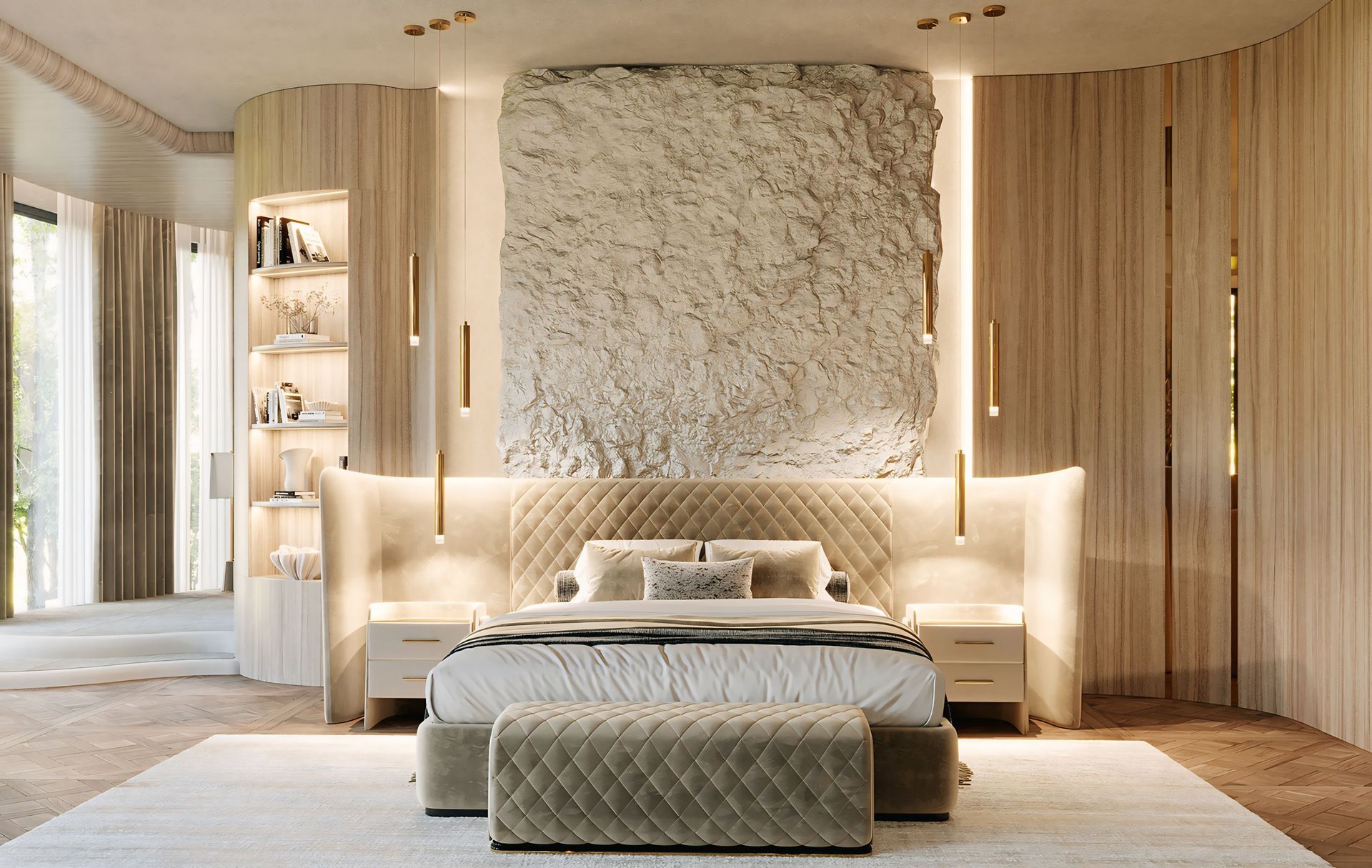 Er staat een groot bed in het midden van de kamer.