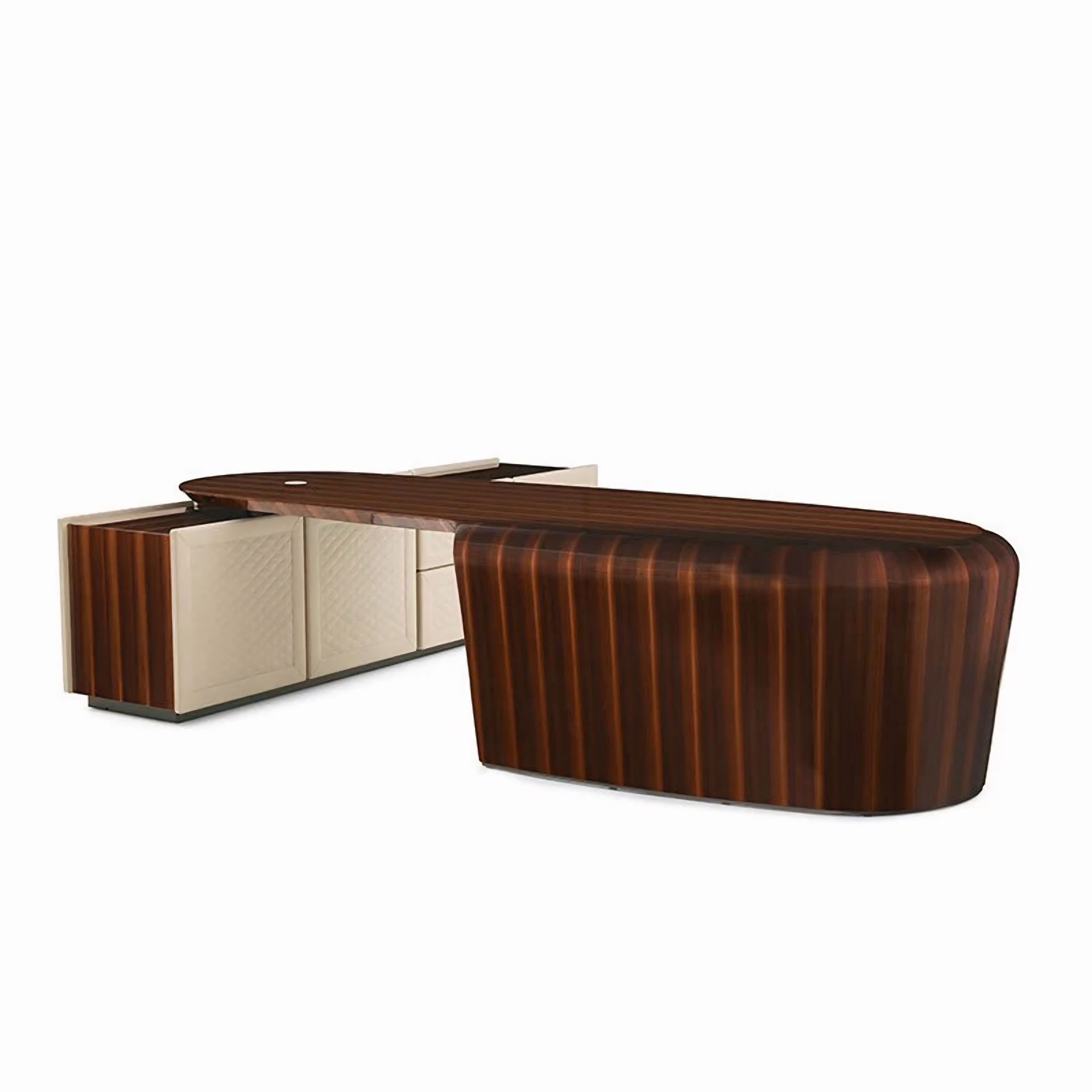 Een 3D-model van een houten bureau en kasten op een witte achtergrond.