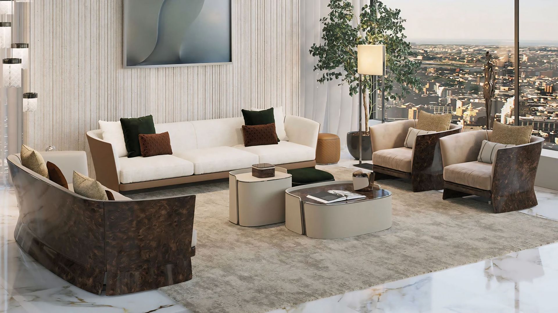 Een woonkamer met een bank, stoelen en salontafels