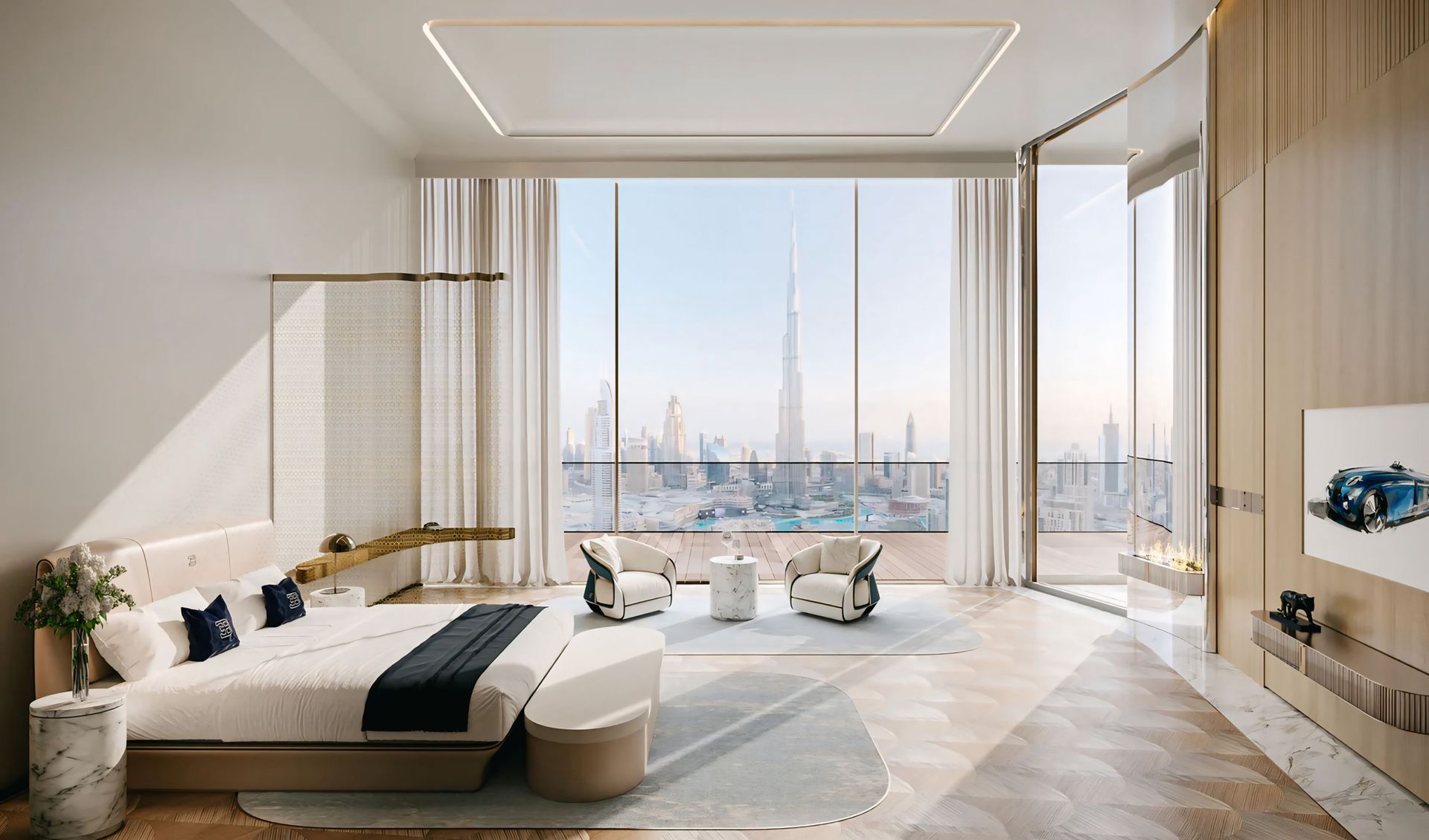 Een impressie van een slaapkamer met een groot bed en uitzicht op de stad.