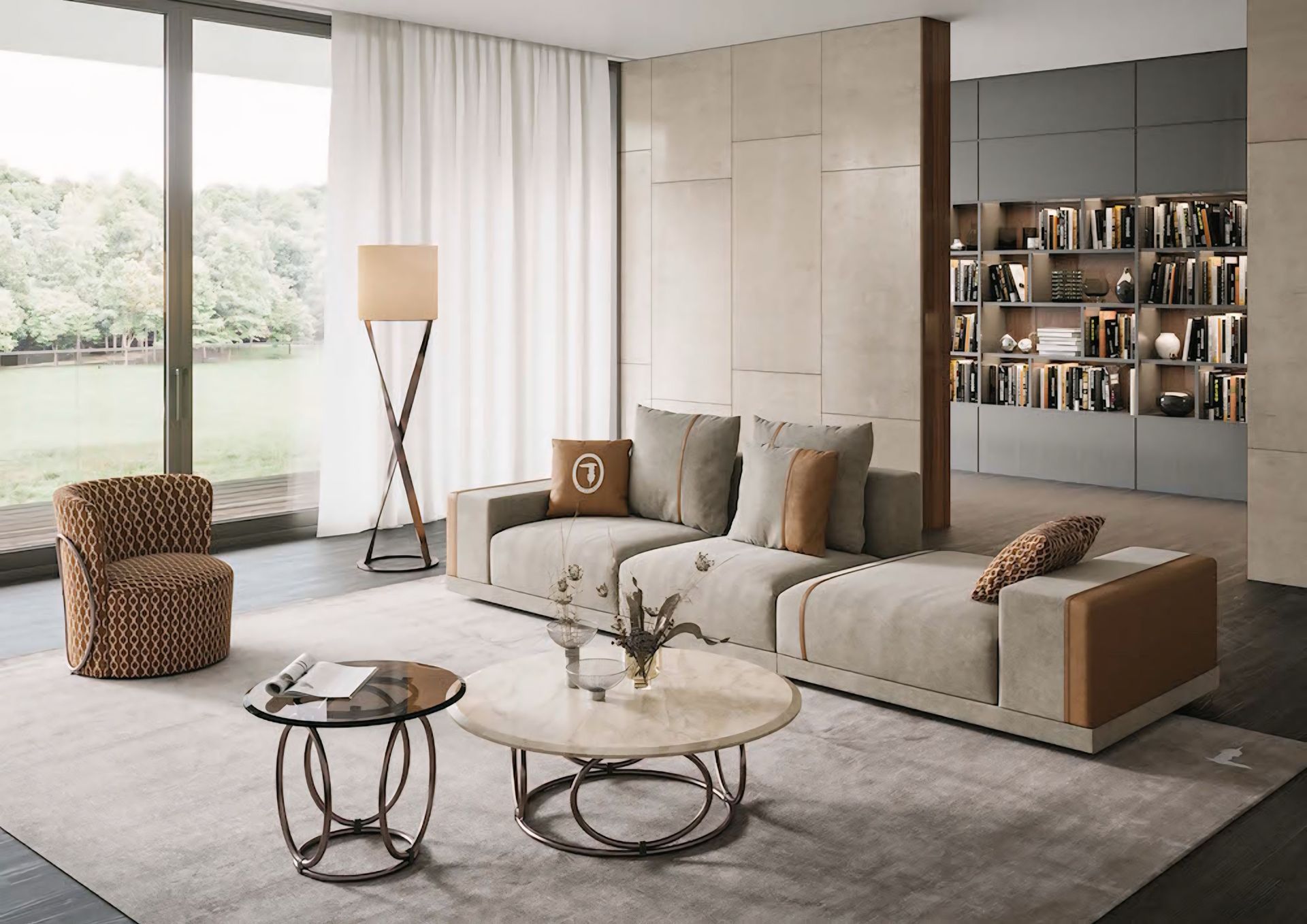 Een woonkamer met een bank en twee salontafels