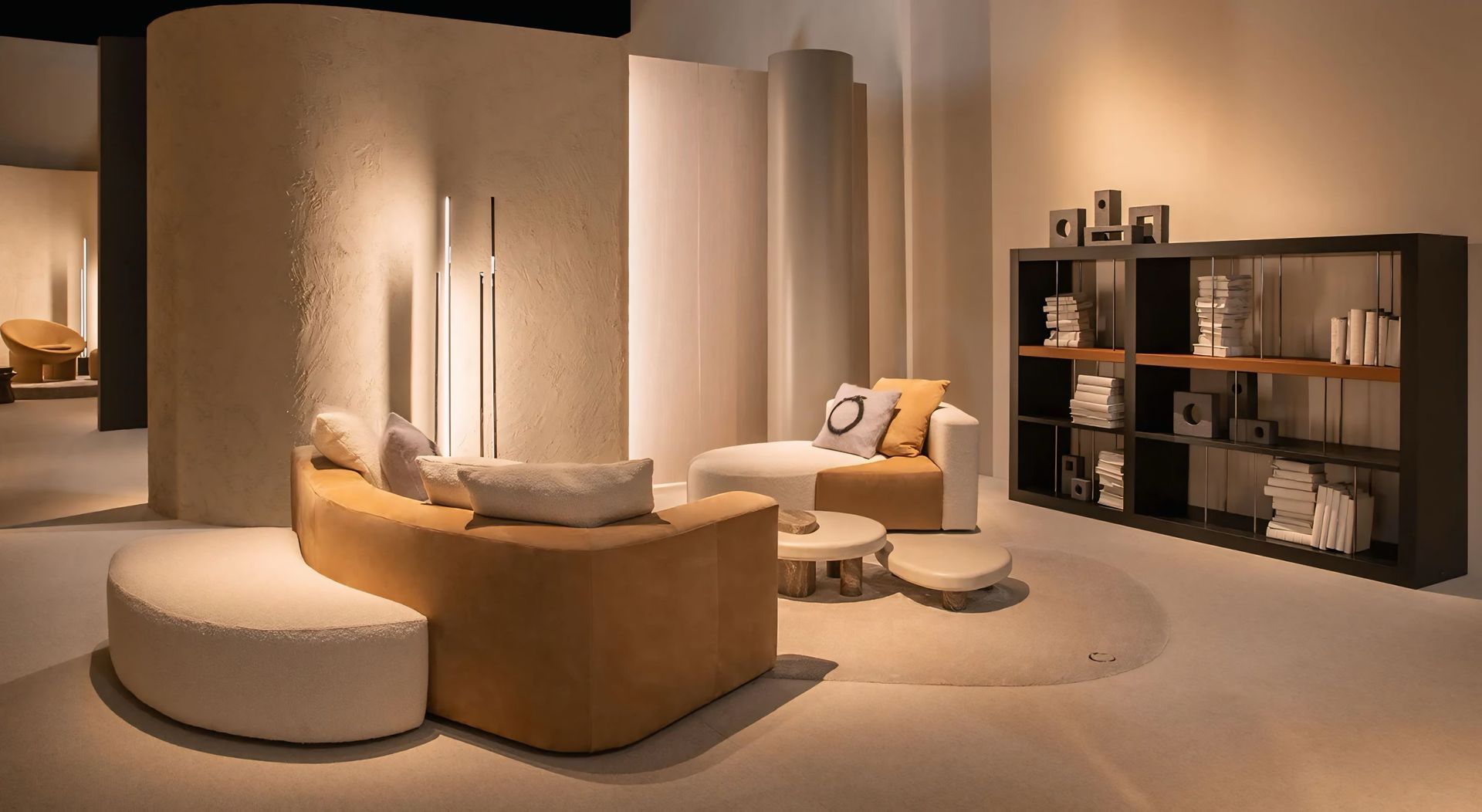Een woonkamer met een bank, stoelen en een boekenplank.