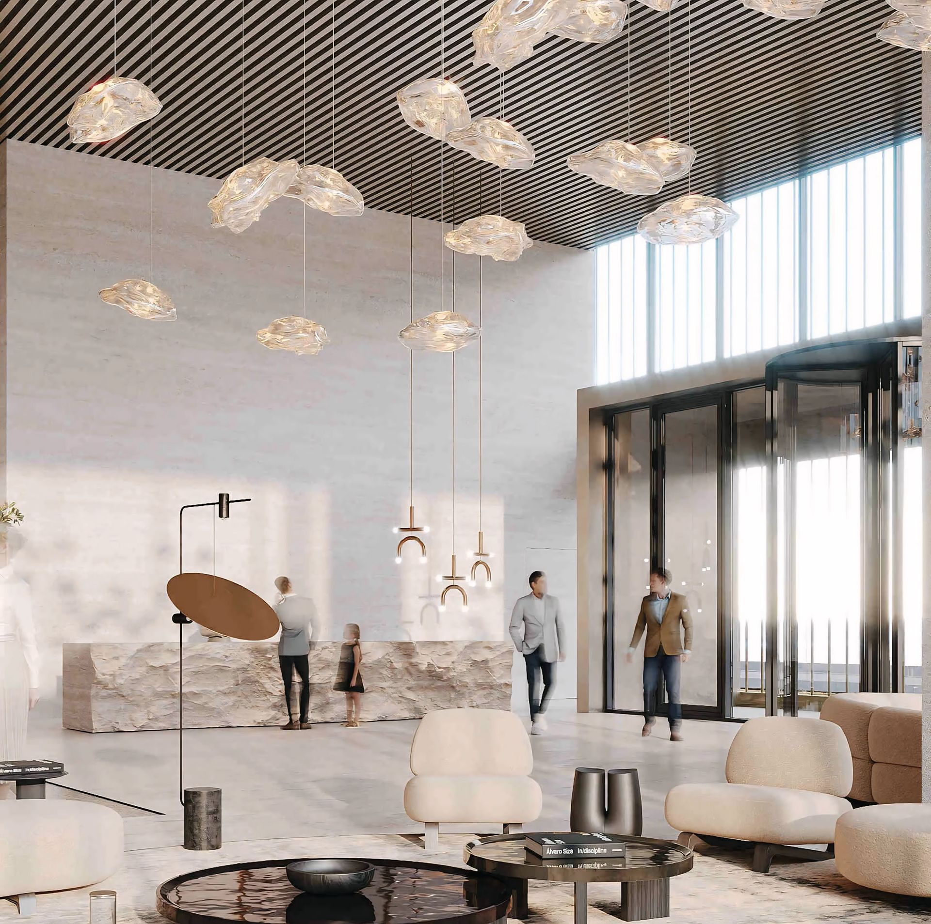 Een impressie van de lobby van een hotel door een kunstenaar