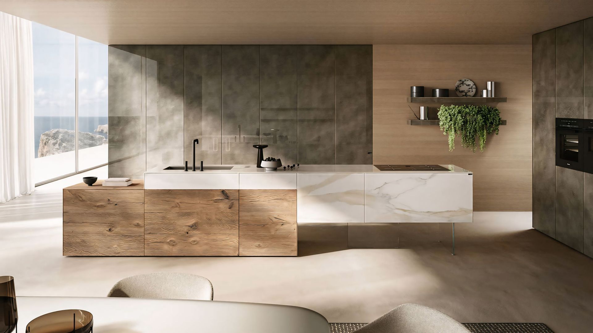 Een woonkamer met een groot raam en een keuken op de achtergrond.