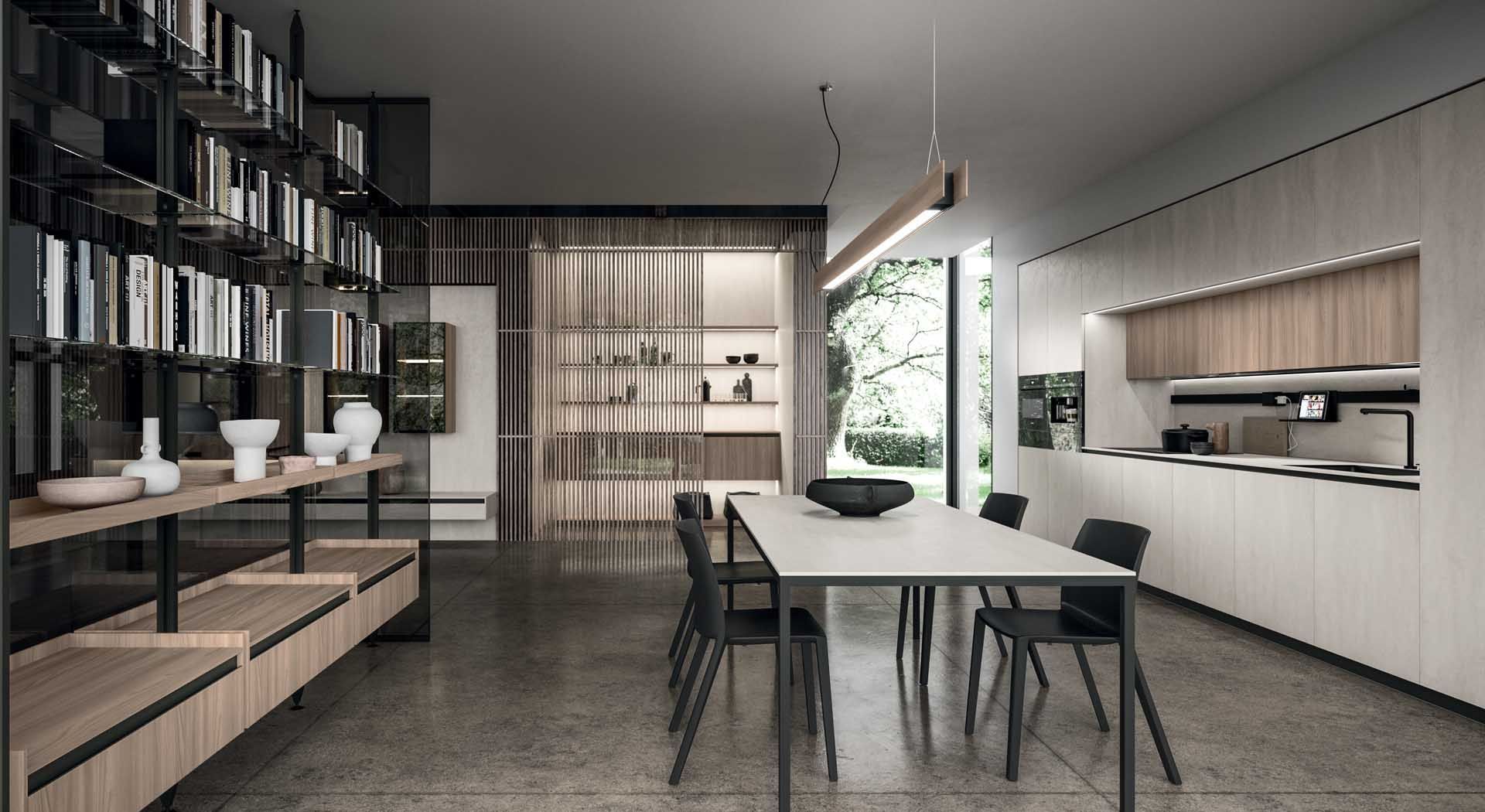Een keuken met een tafel en stoelen erin