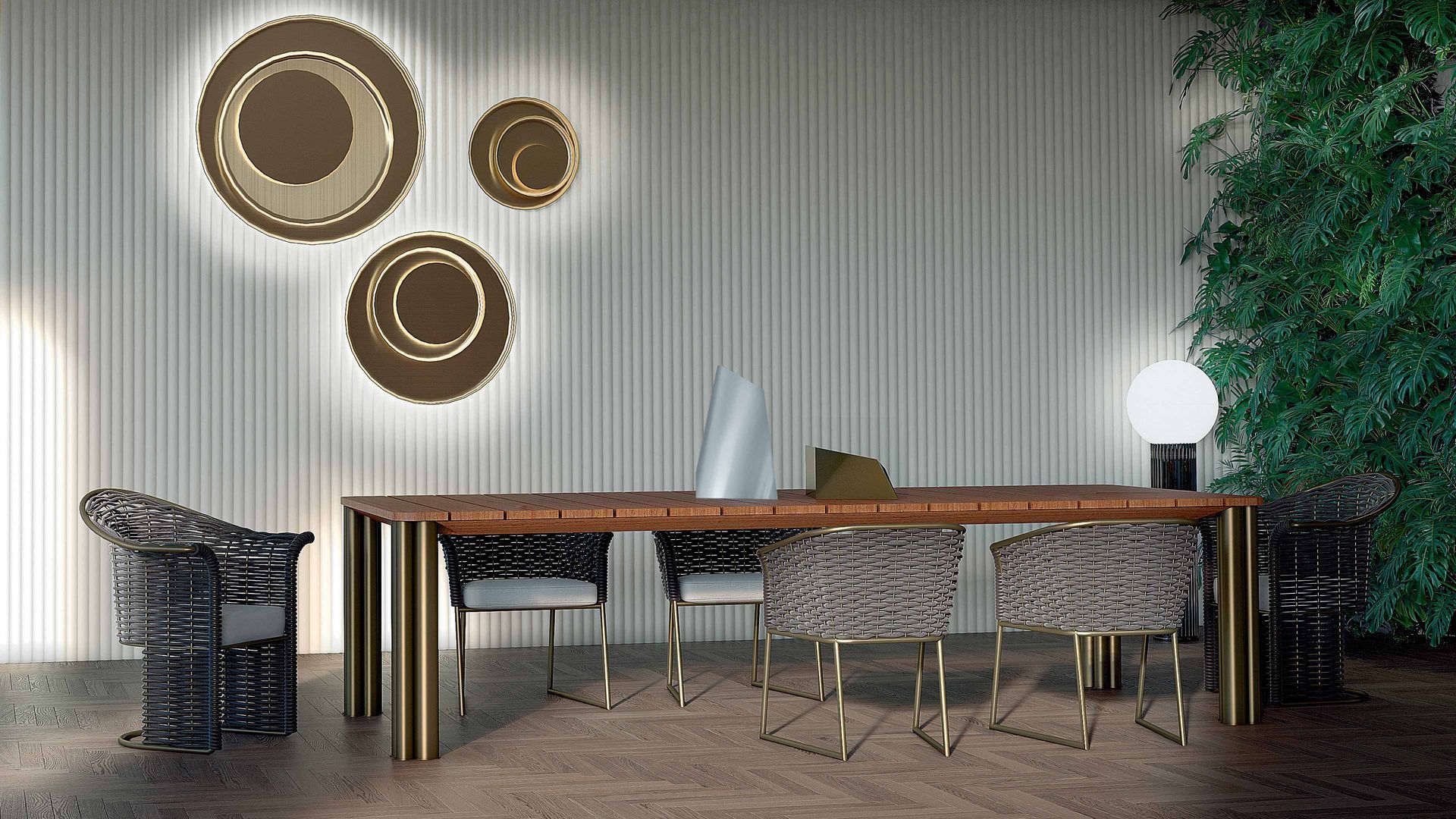 Een eetkamer met een tafel en stoelen en een muur met cirkels erop