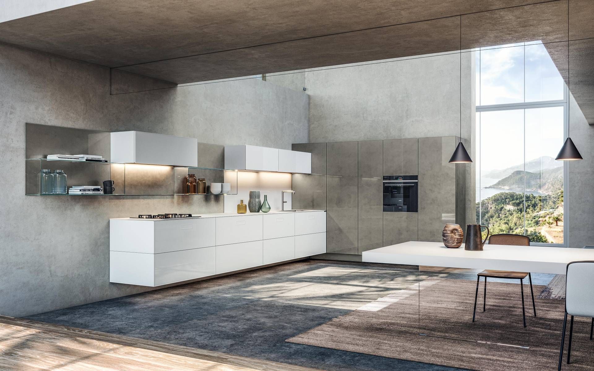Een keuken met een tafel en stoelen en een groot raam